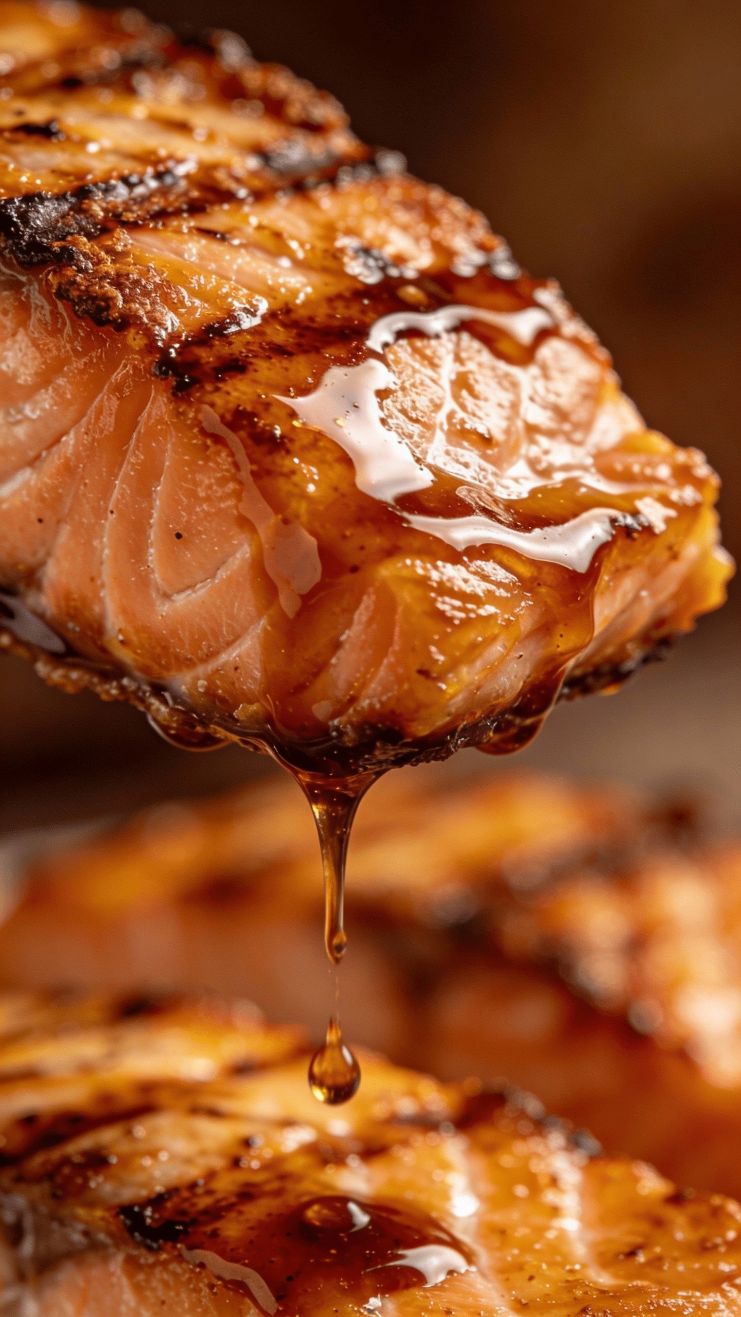 dripping teriyaki glaze on seared salmon, macro shot