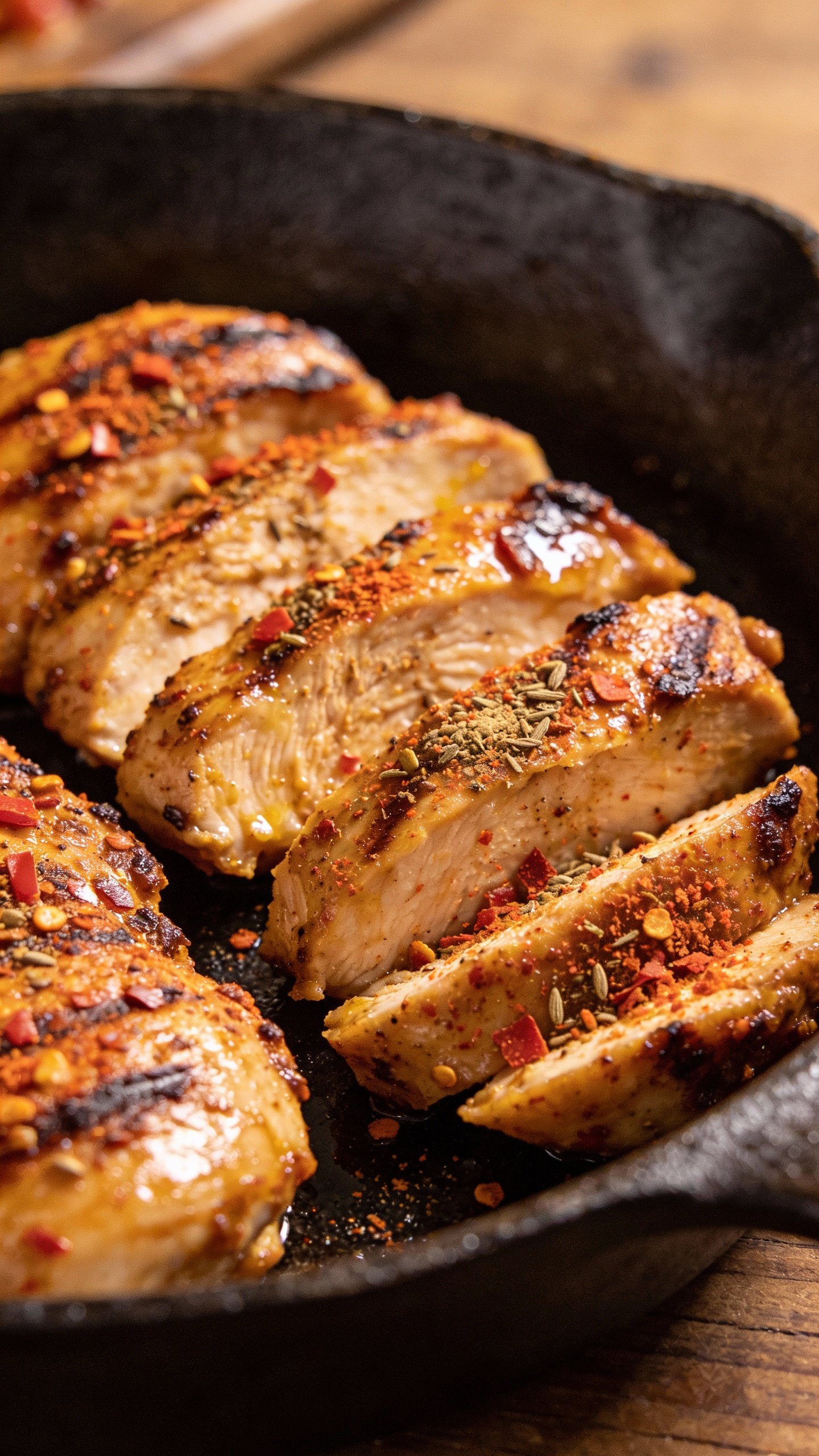 grilled chicken thigh slices on cast-iron, fajita spice crust