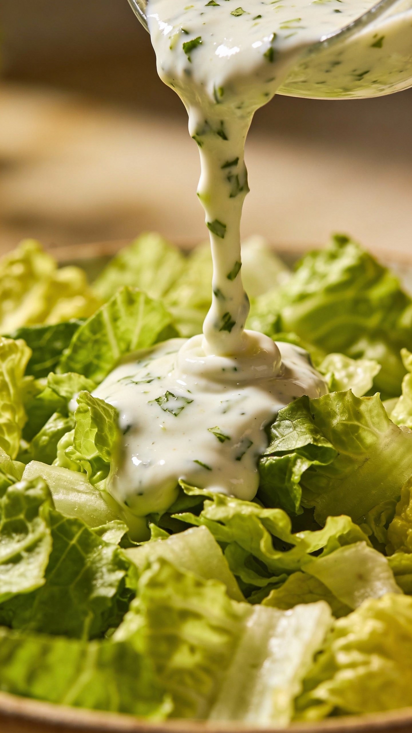 creamy cilantro-lime dressing drizzling over chopped romaine lettuce