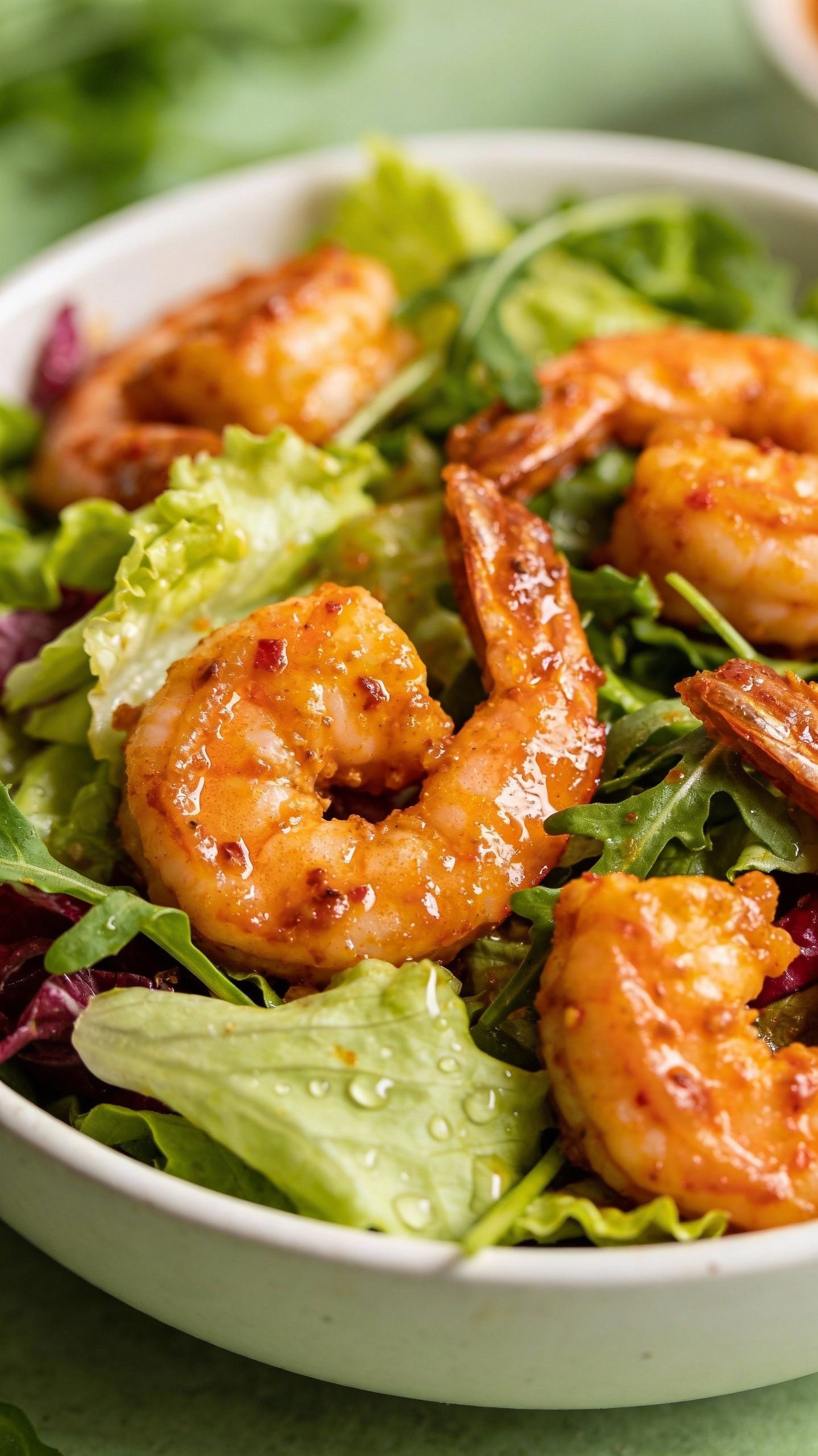 closeup Buffalo shrimp salad in white bowl, vibrant greens