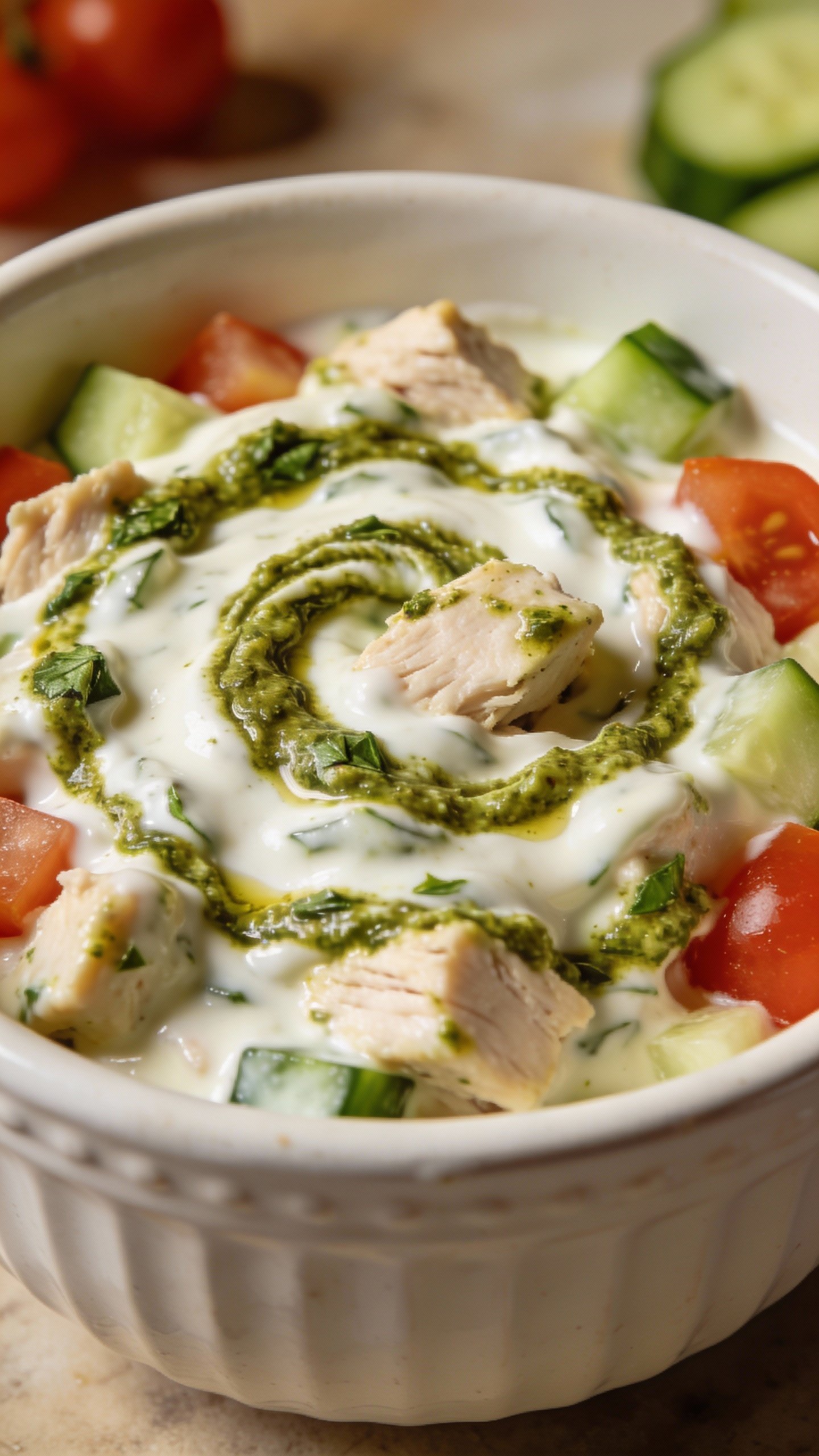 closeup bowl of creamy pesto chicken salad, Greek yogurt sheen