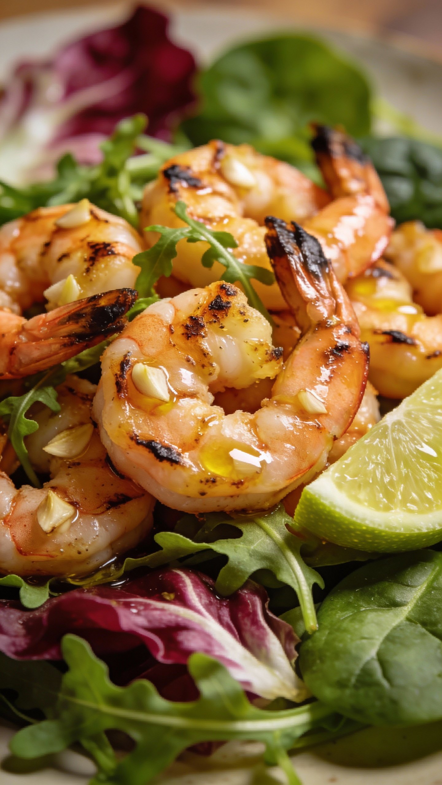 closeup grilled garlic-lime shrimp on mixed greens