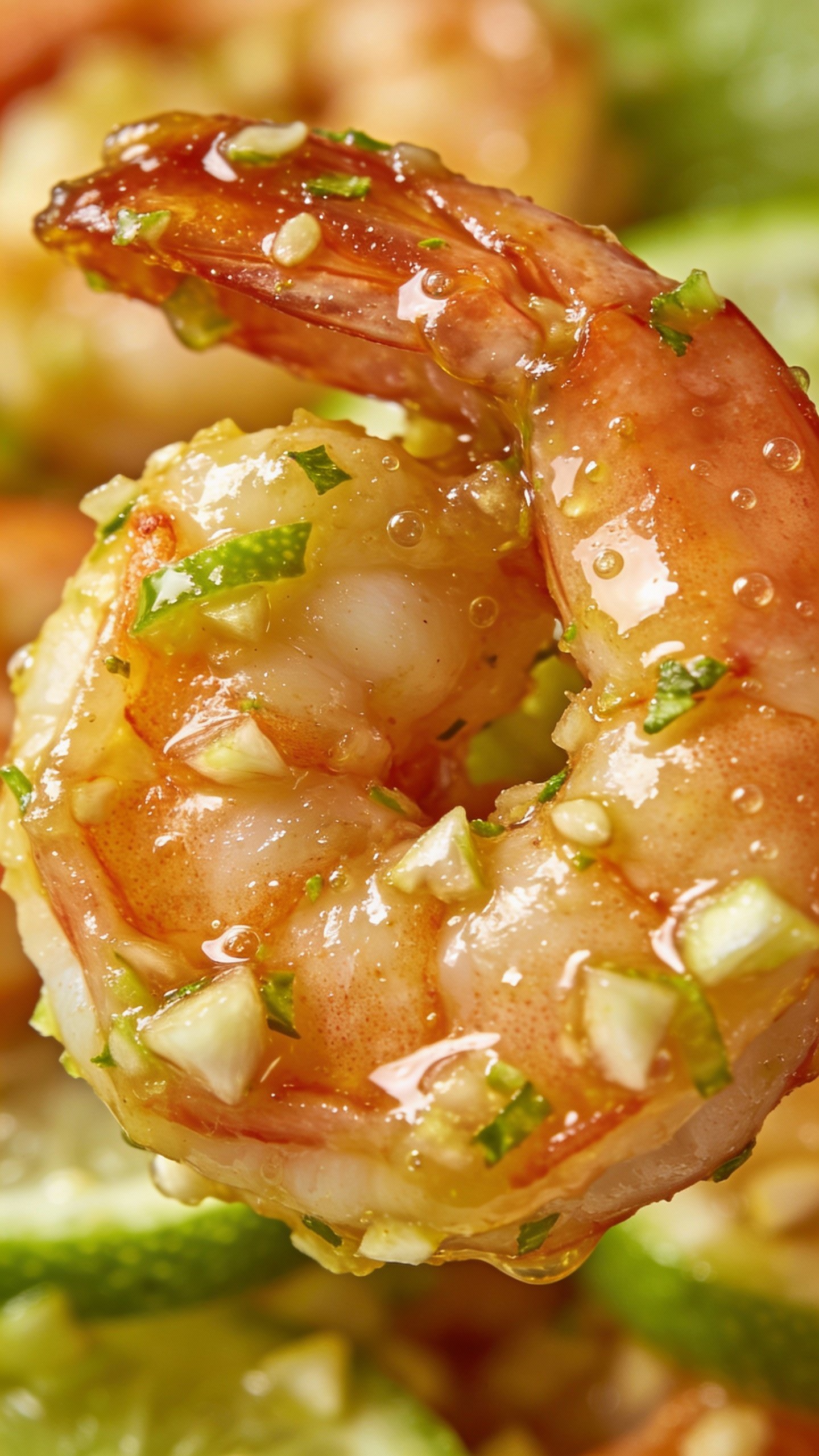 macro shot of shrimp coated in garlic-lime glaze