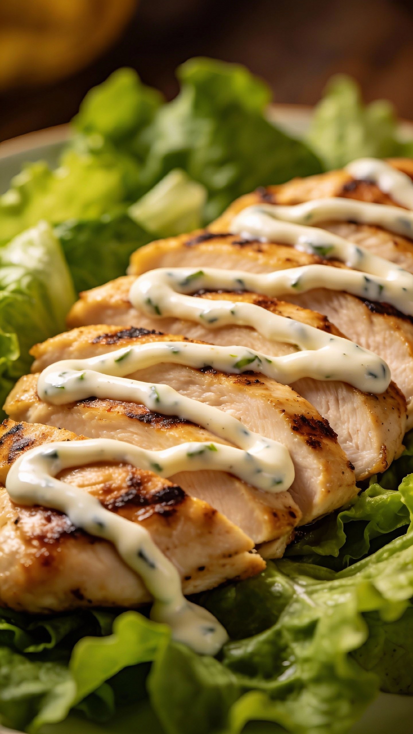 sliced grilled chicken breast on greens, creamy ranch drizzle