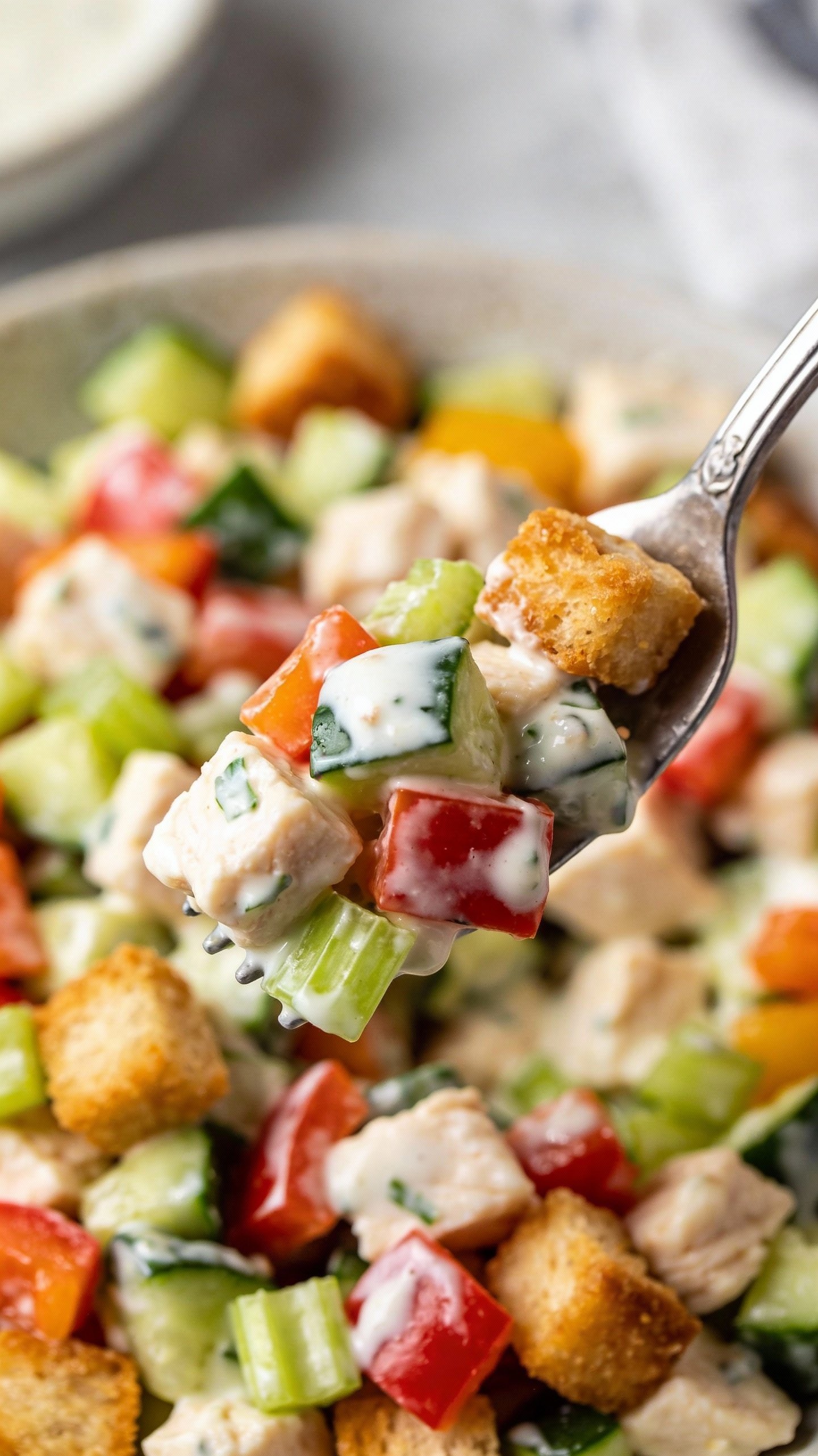 single forkful of chopped salad with chicken, crunchy veggies, ranch