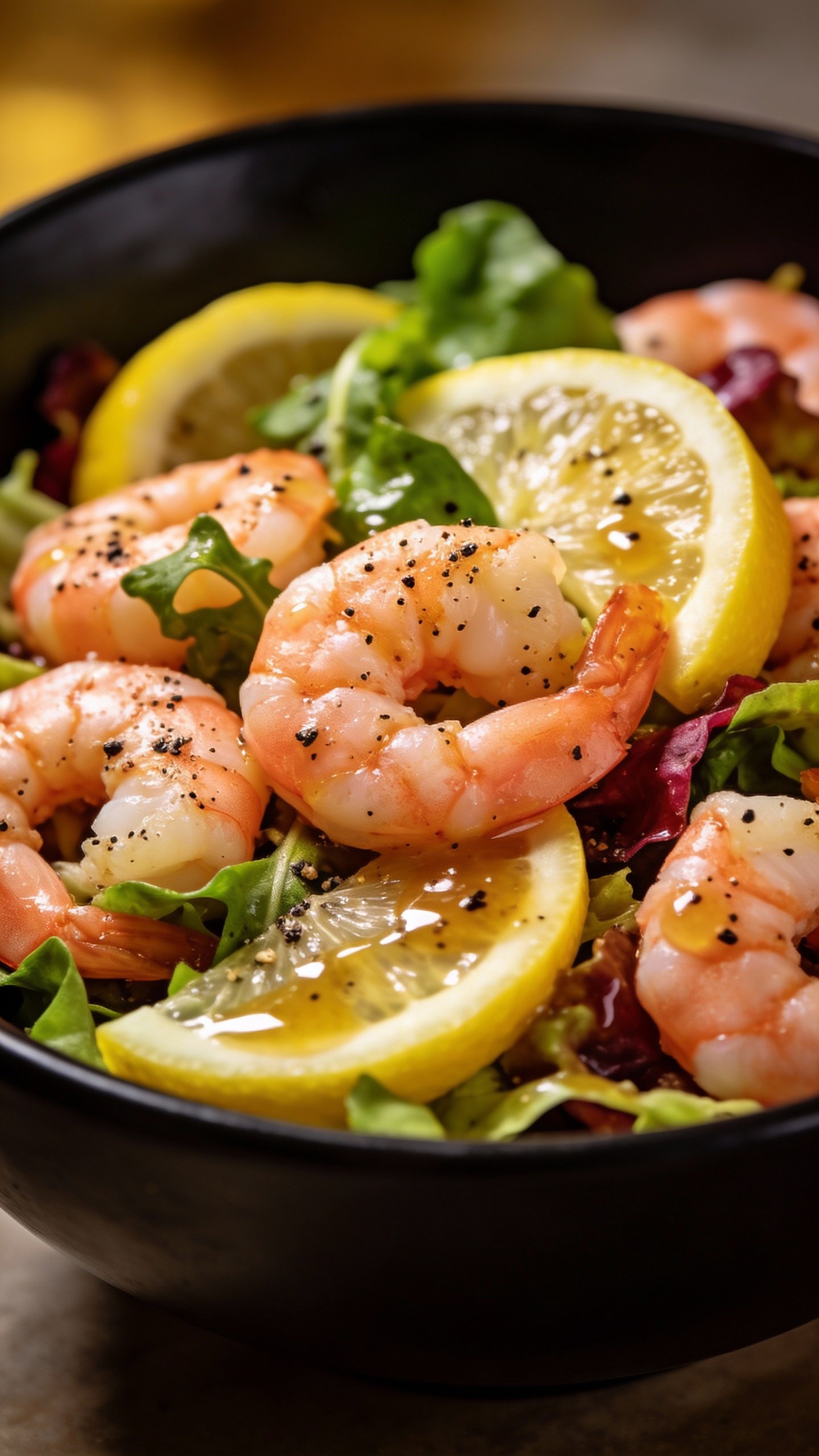 closeup lemon pepper shrimp salad in matte black bowl
