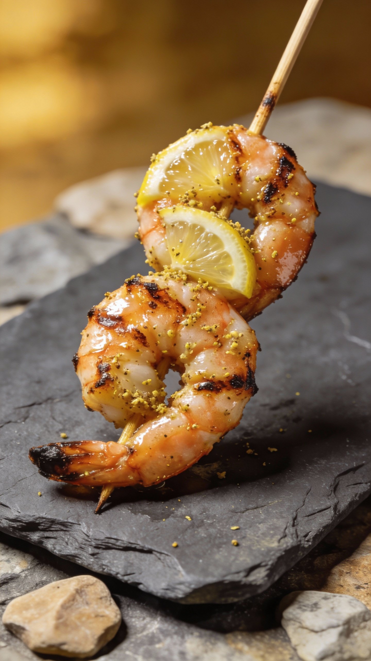 grilled lemon pepper shrimp skewer on slate plate