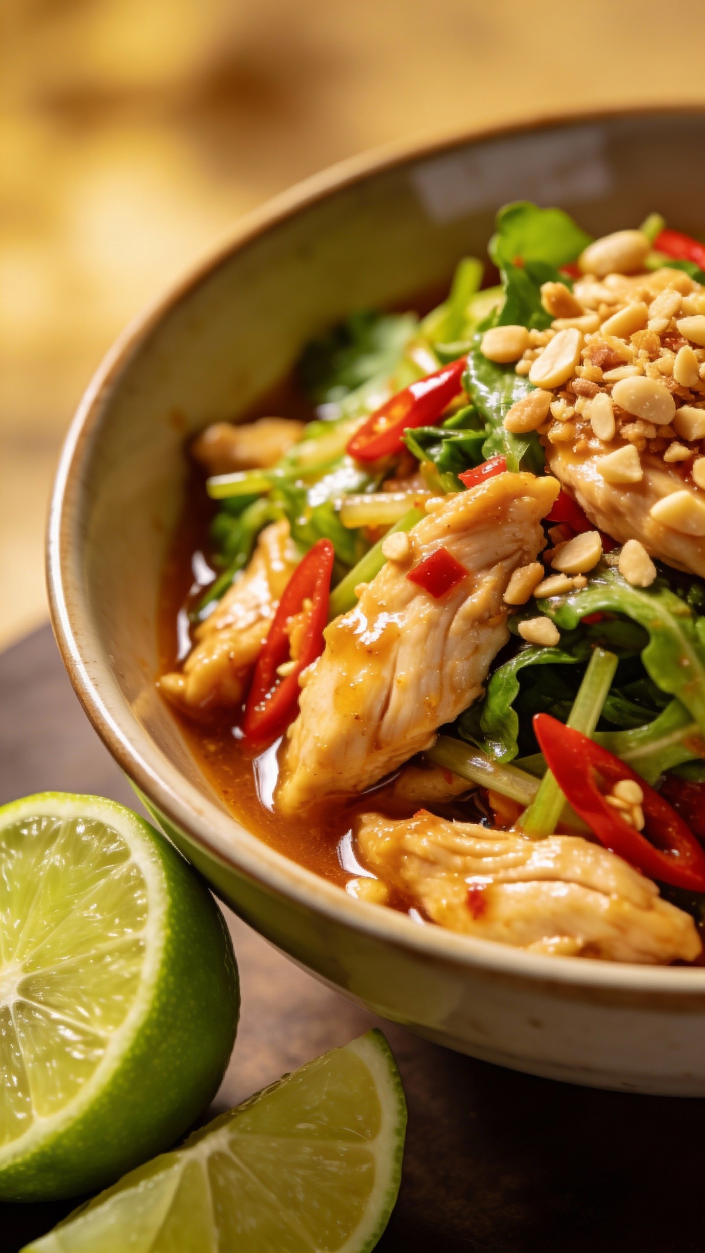 closeup bowl of spicy Thai chicken salad with lime wedge
