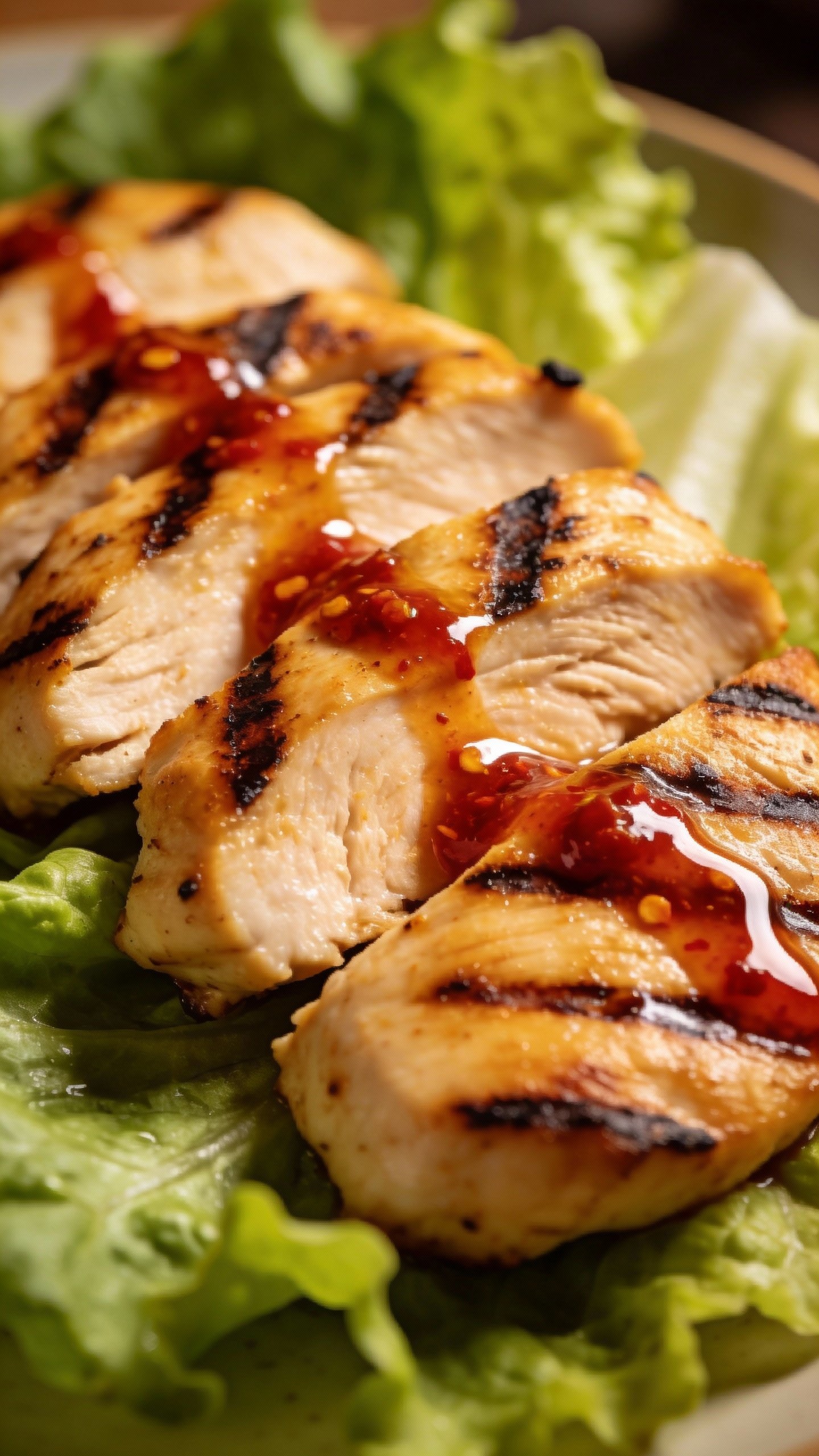 grilled chicken breast slices on romaine with chili dressing