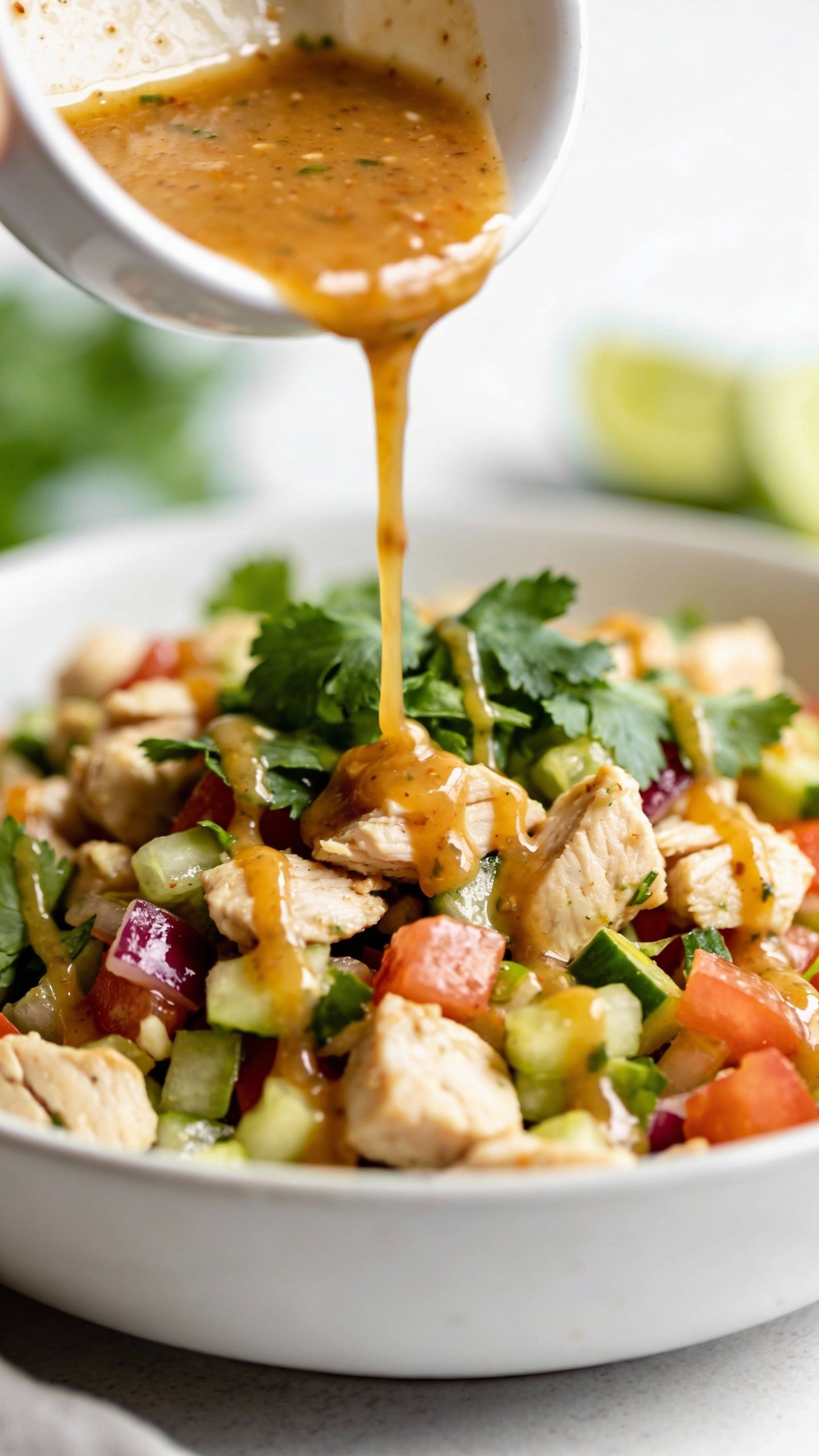 cilantro-lime Thai dressing drizzled over chopped chicken salad