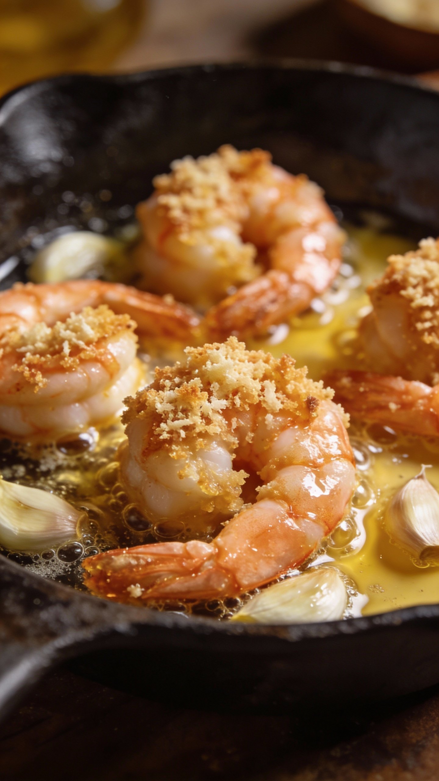 Closeup skillet garlic shrimp with parmesan crust, sizzling butter