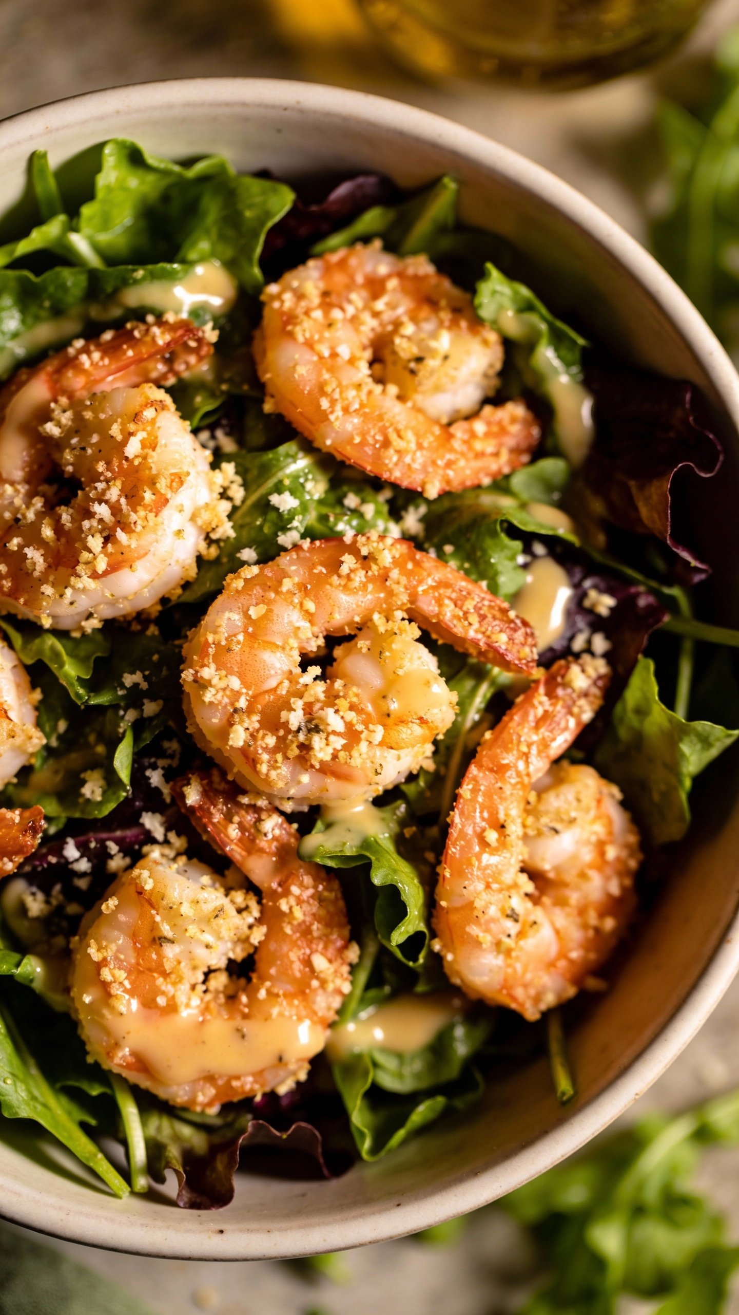 Single bowl garlic parmesan shrimp salad, vibrant greens, overhead
