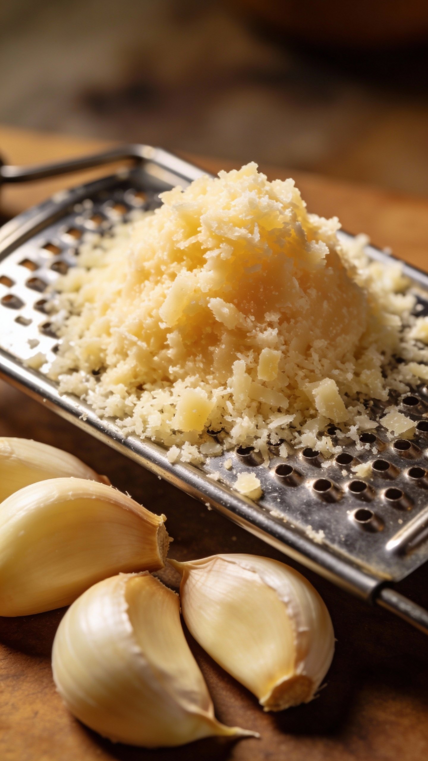Grated parmesan mound on microplane, garlic cloves beside, macro shot