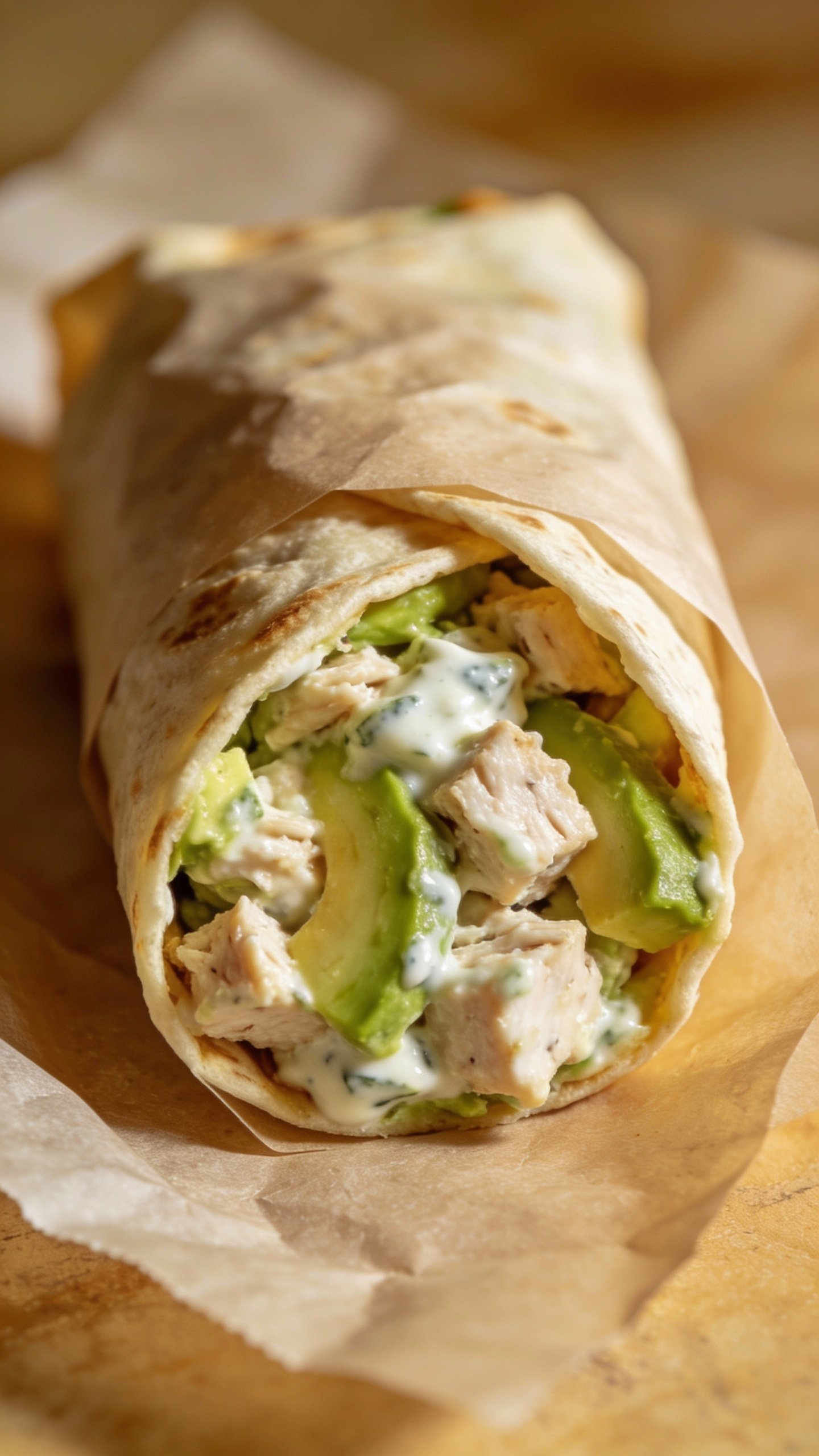 single sandwich wrap of avocado ranch chicken salad, parchment