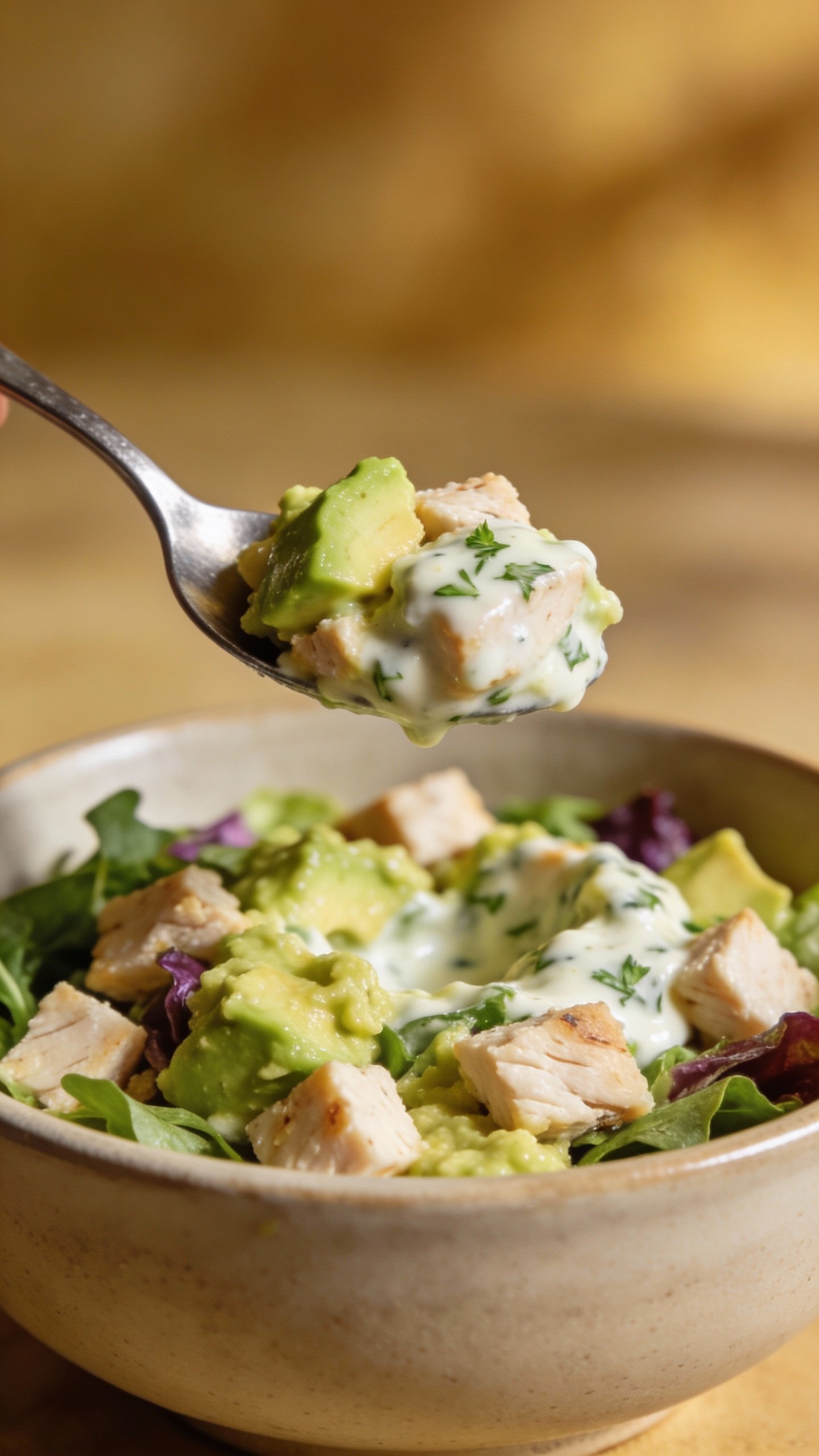spoonful of avocado ranch chicken salad above ceramic bowl