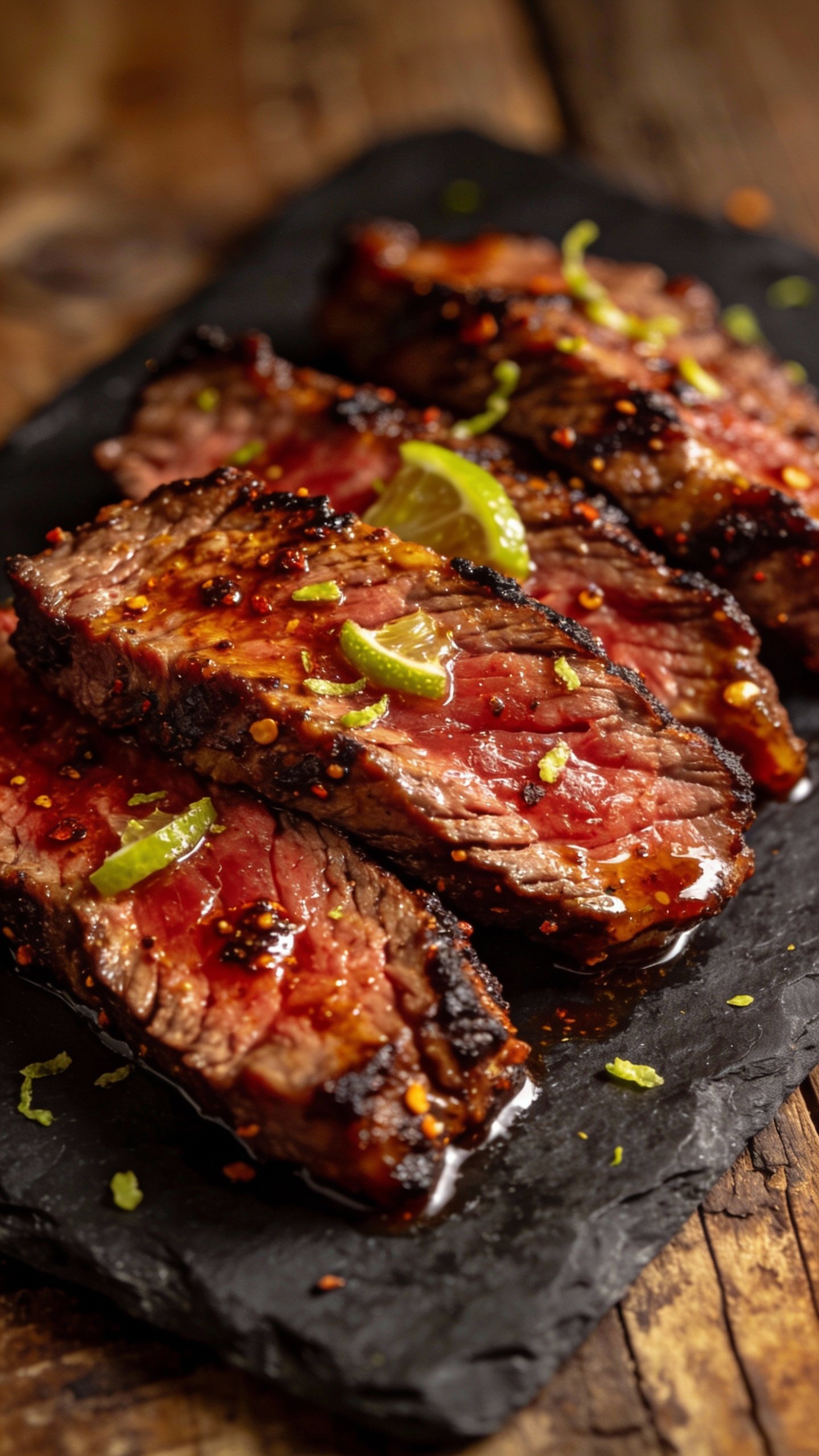 closeup chipotle-lime steak slices on dark slate plate