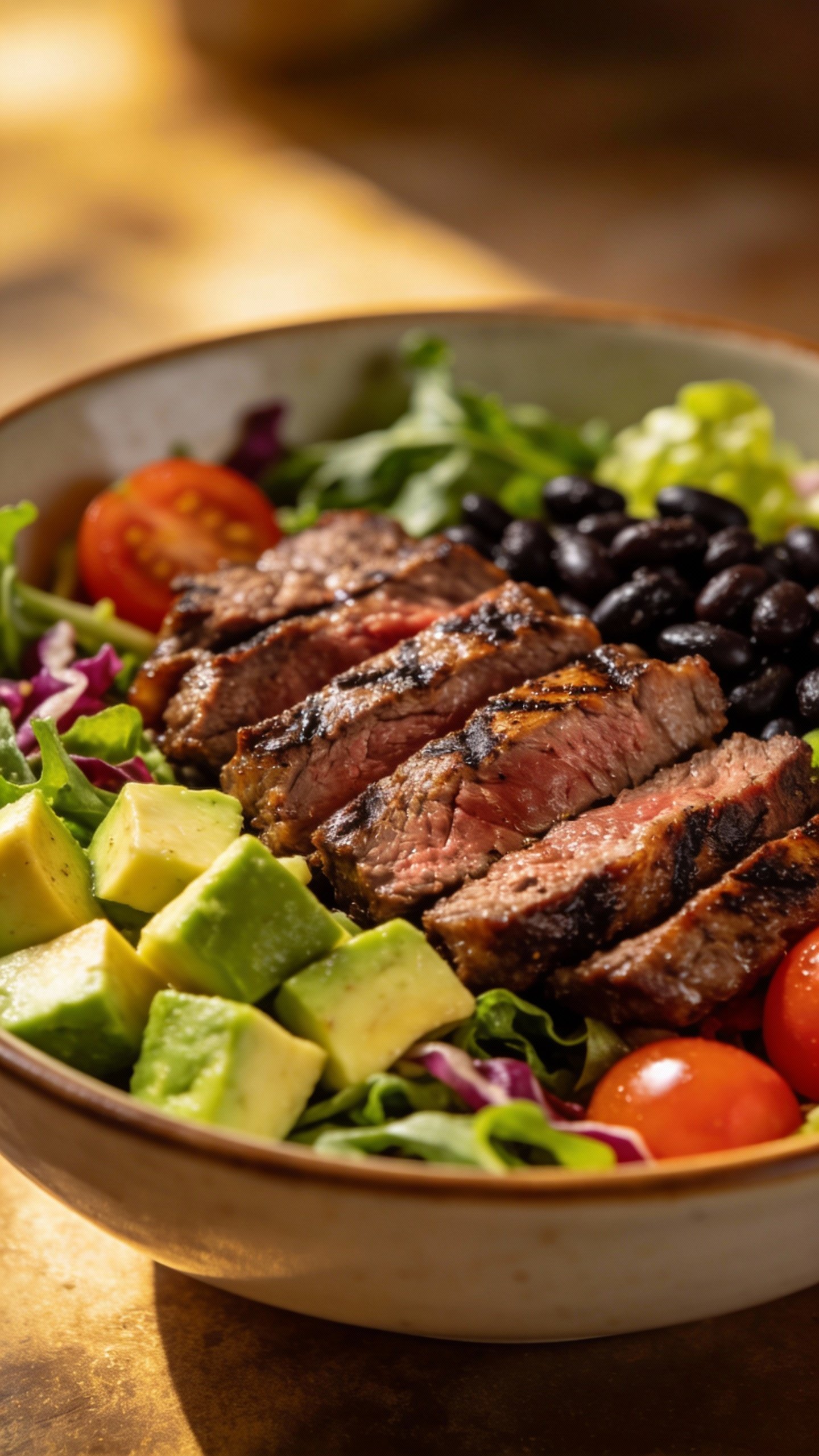 single bowl of steak salad with avocado and black beans