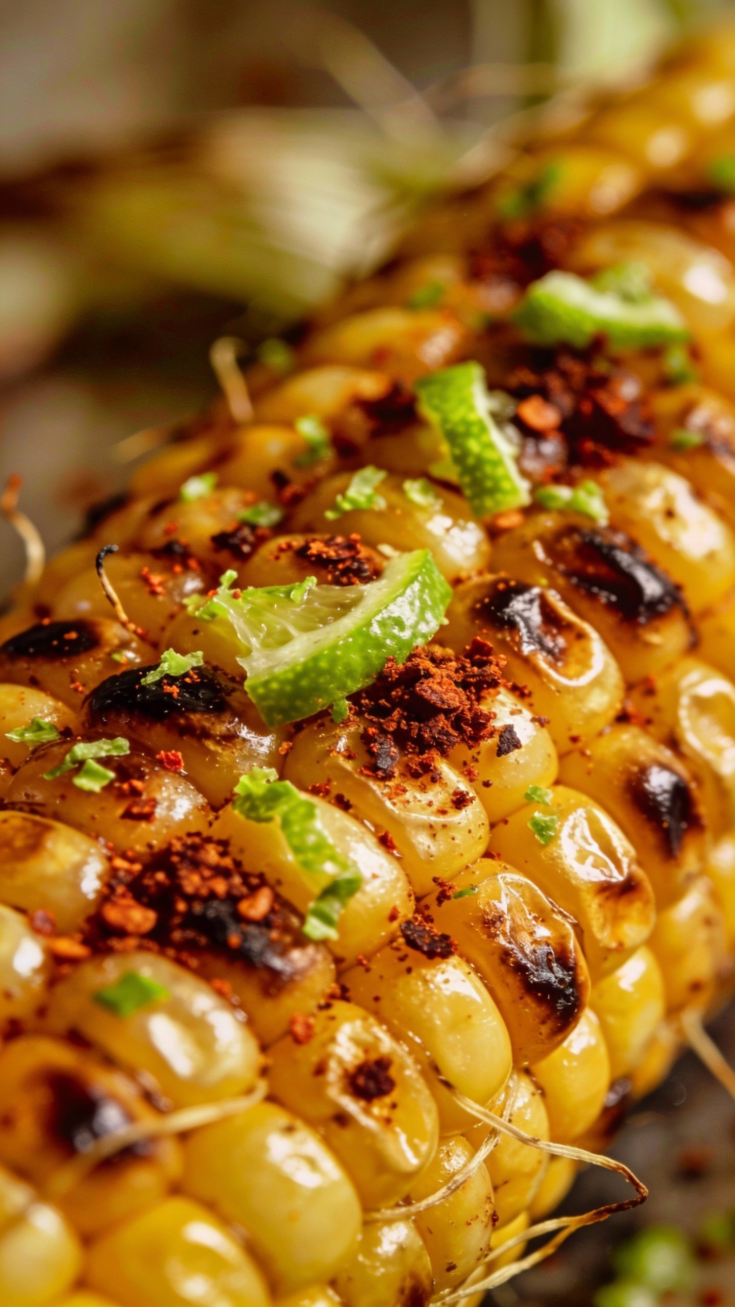 grilled corn topped with lime zest and chipotle dust, macro