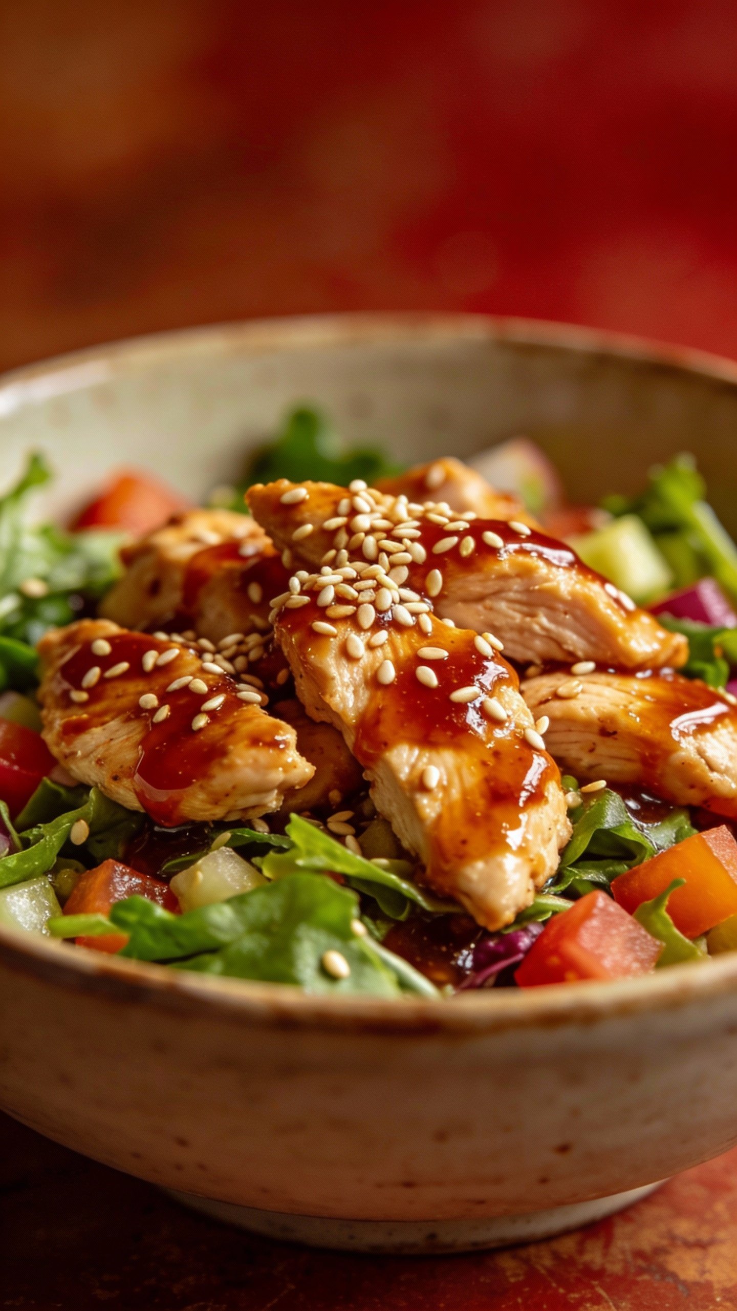 closeup bowl of honey sriracha chicken salad, sesame garnish