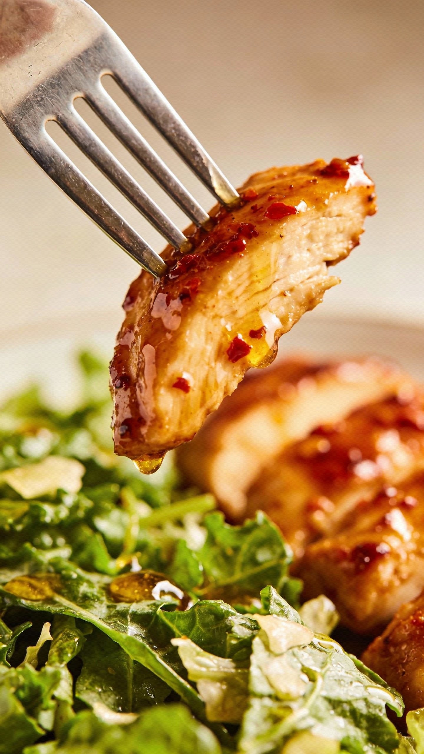 fork lifting honey sriracha-glazed chicken over crunchy greens