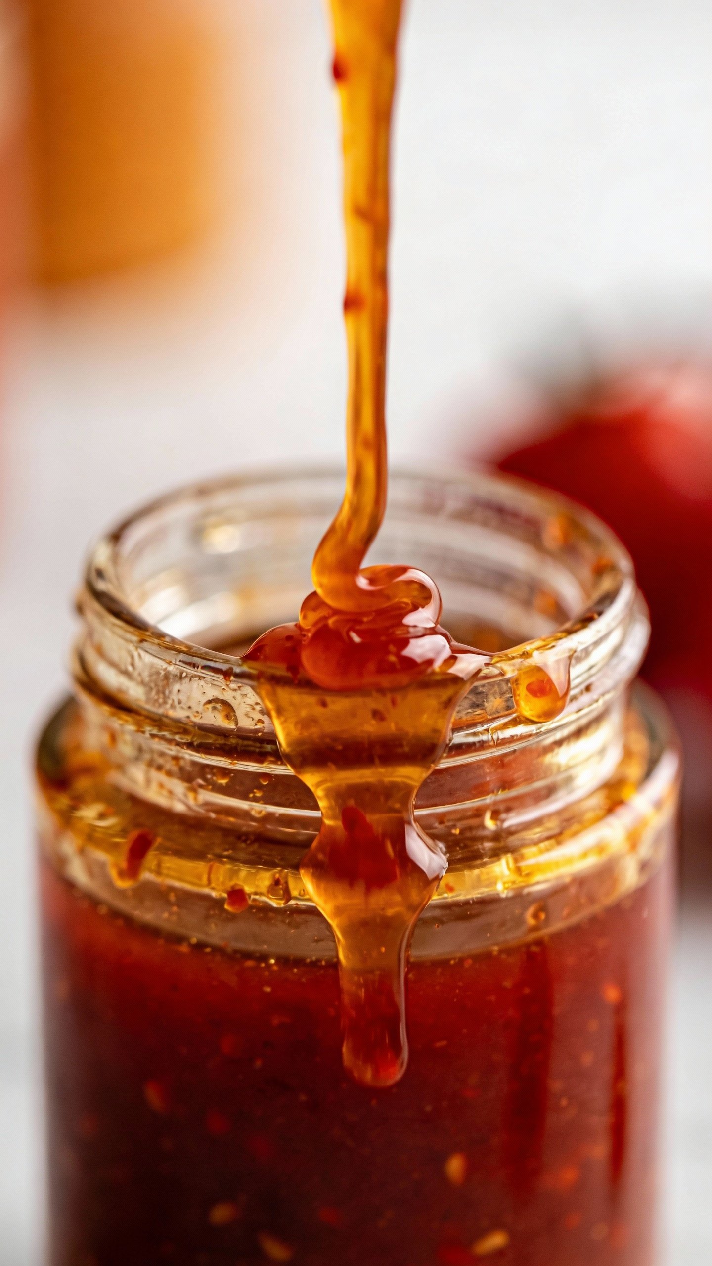 small jar of honey sriracha dressing, drips on rim