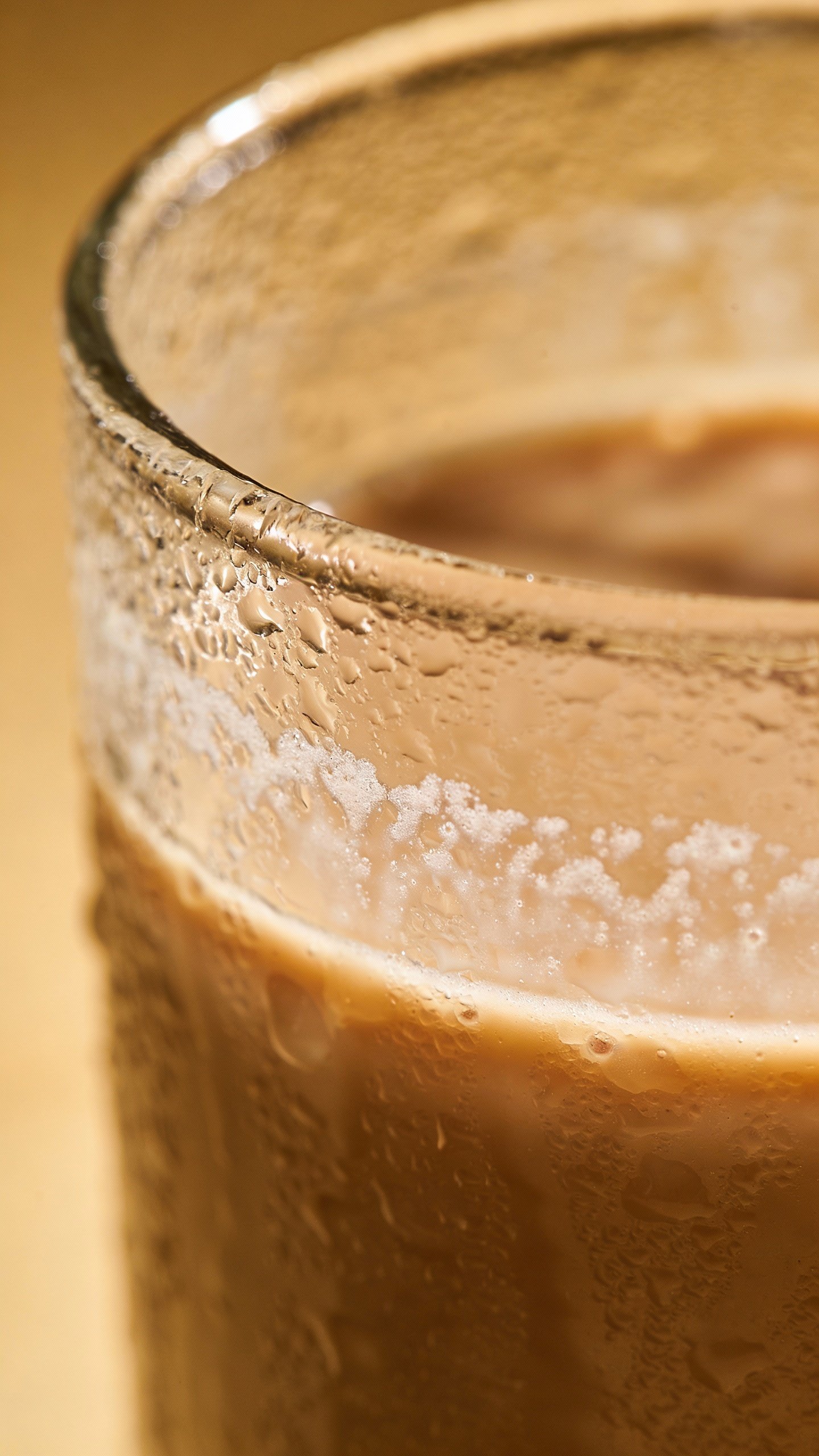 closeup coffee protein smoothie in clear glass, frosty condensation