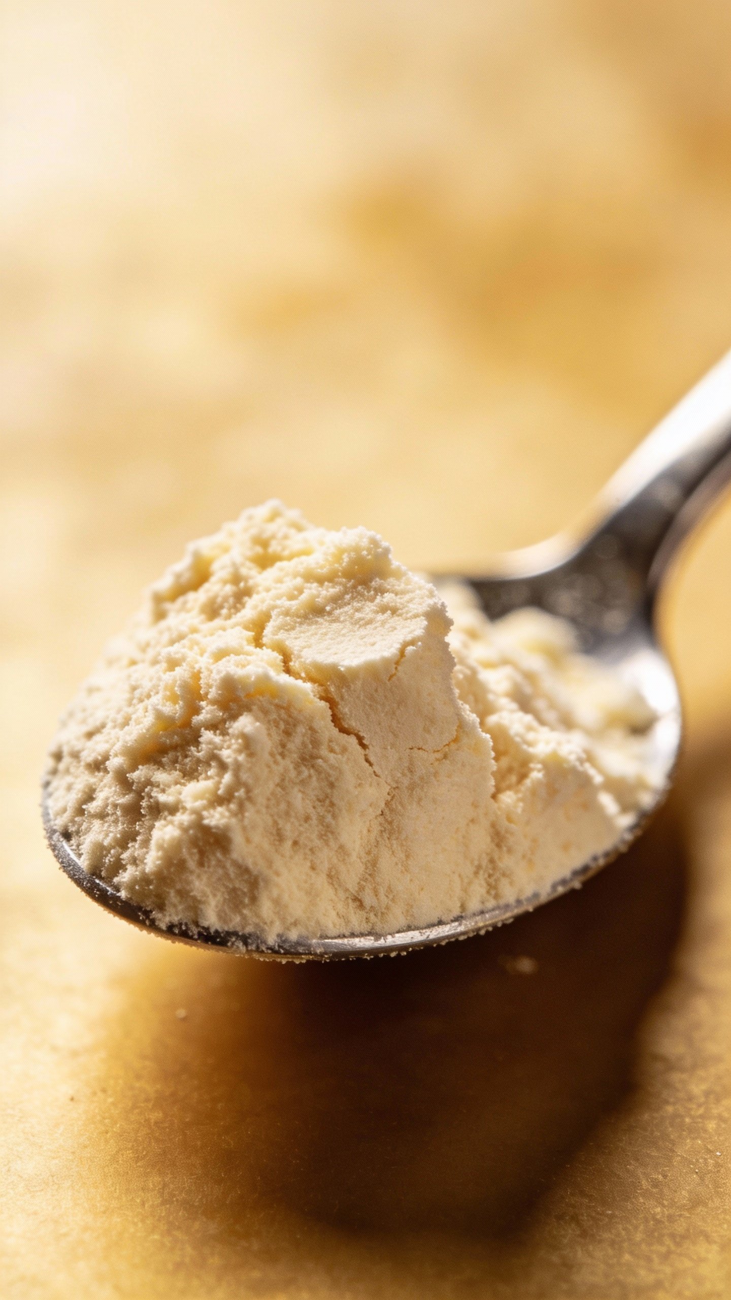 single scoop vanilla protein powder on stainless steel spoon