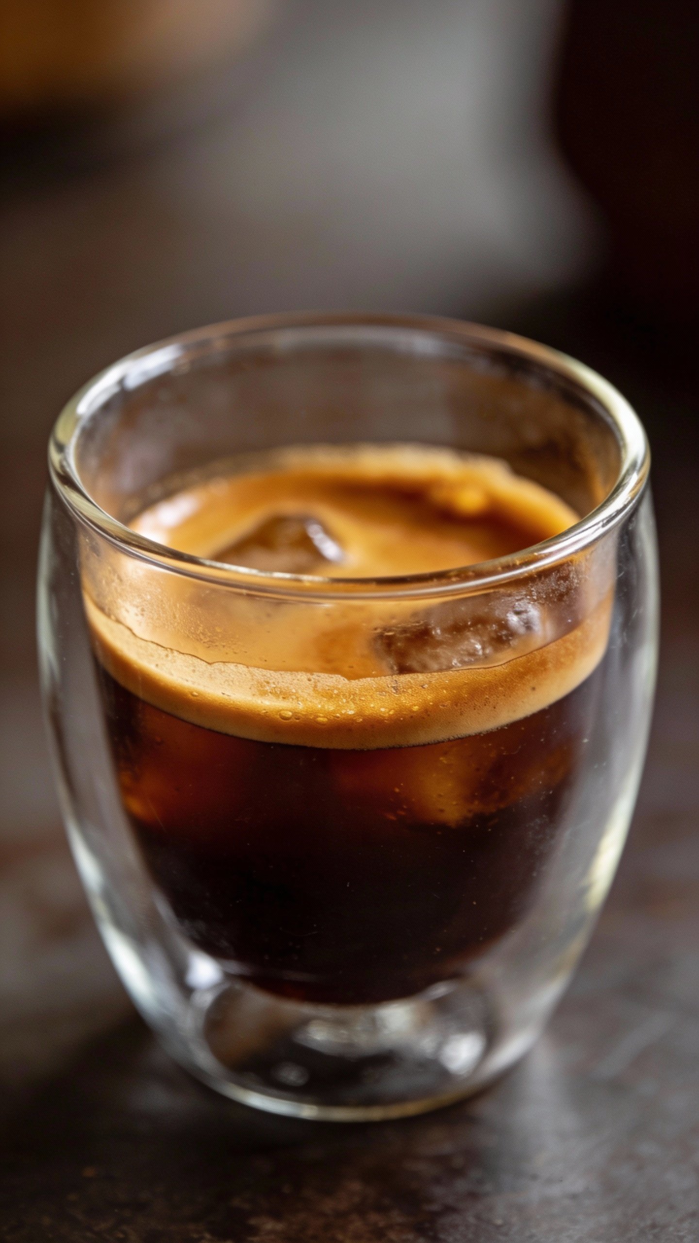 cold brew coffee in double-wall glass, espresso crema visible