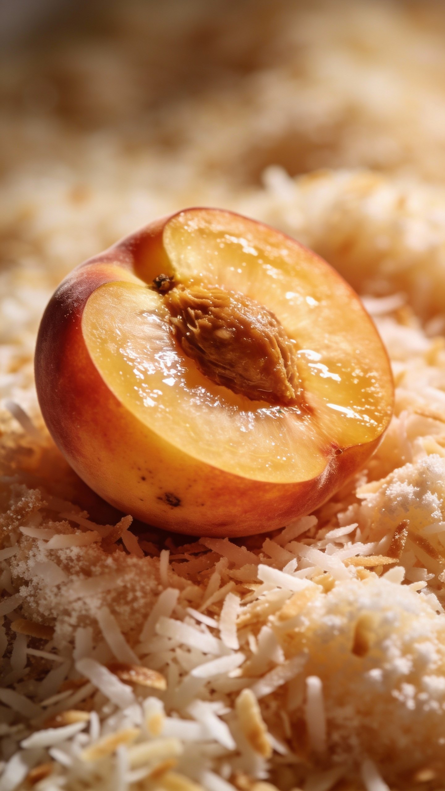 single ripe peach half on coconut flakes, macro