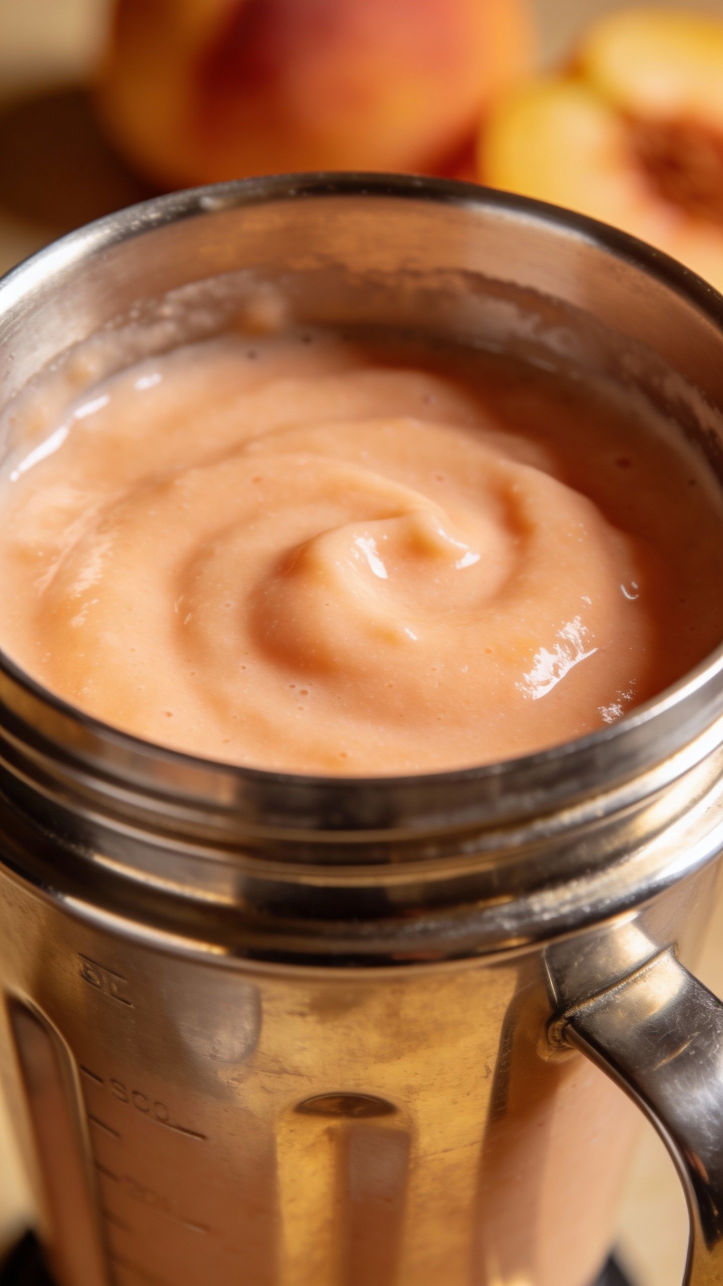 stainless blender jar with creamy peach smoothie, closeup