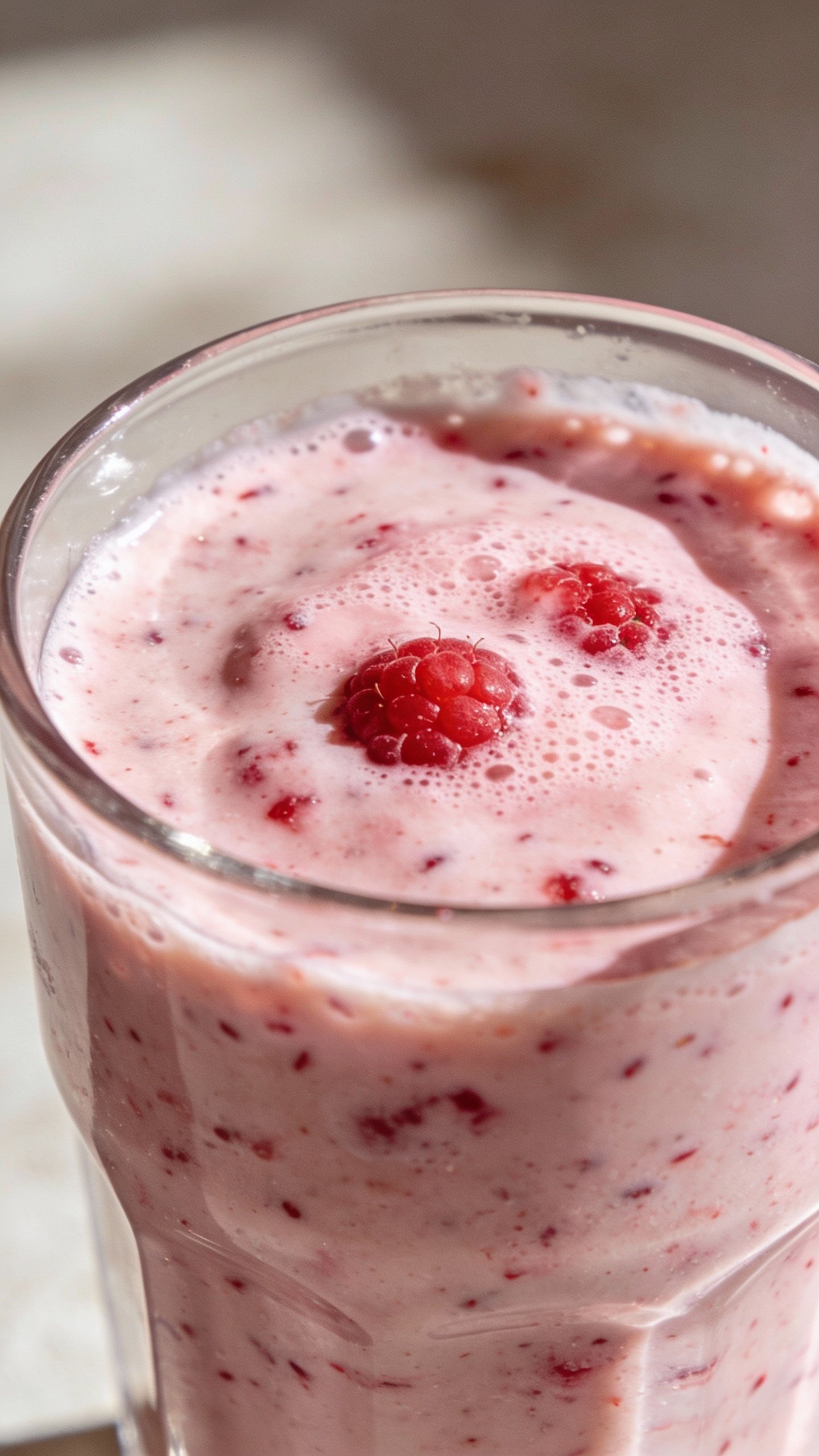 closeup raspberry yogurt smoothie in clear glass, soft daylight