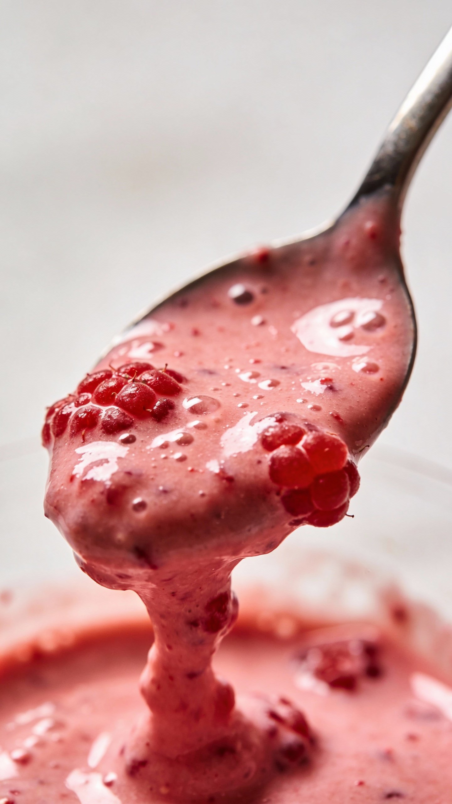 spoonful of thick raspberry yogurt smoothie, macro detail