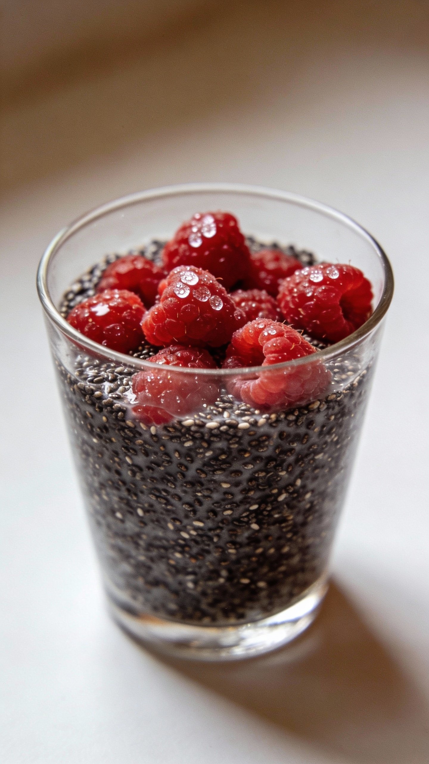 single glass topped with chia seeds and raspberries, portrait lighting