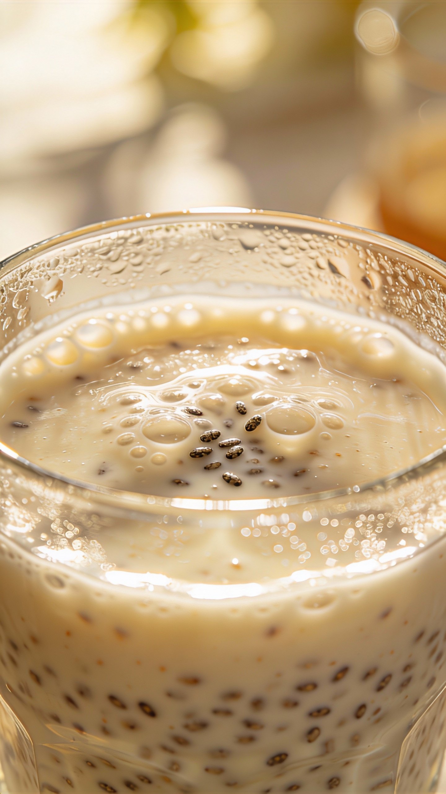 closeup vanilla chia smoothie in clear glass, soft morning light