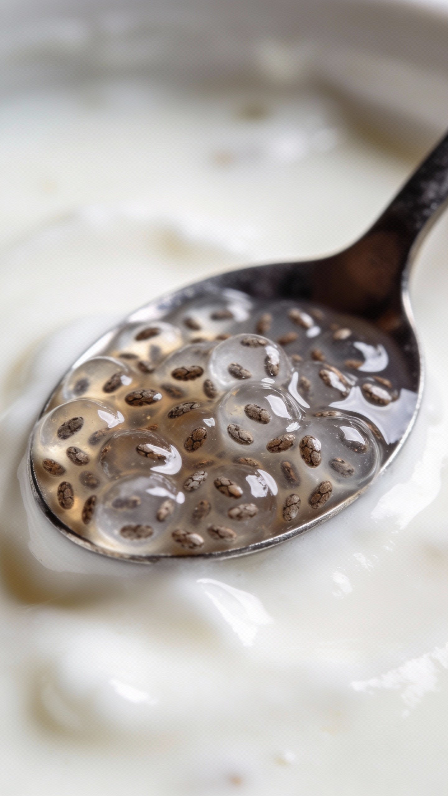 spoonful of swollen chia seeds over creamy yogurt, macro