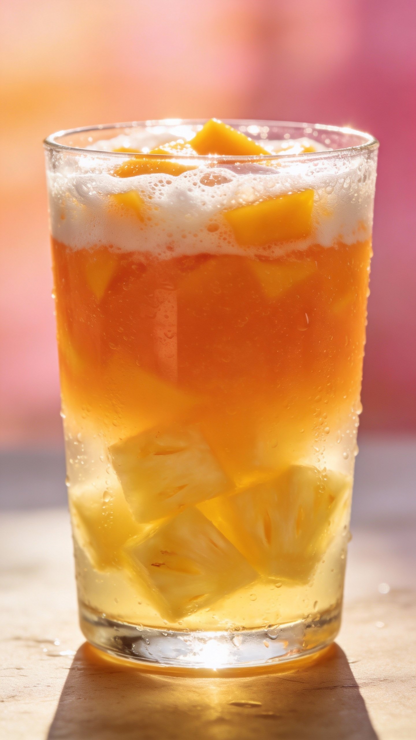 closeup of layered mango pineapple sunrise smoothie in clear glass