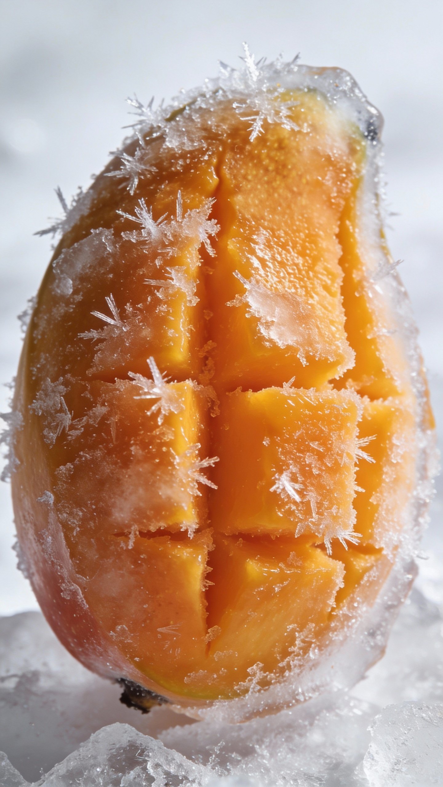 single frozen mango chunk with frost crystals, macro shot