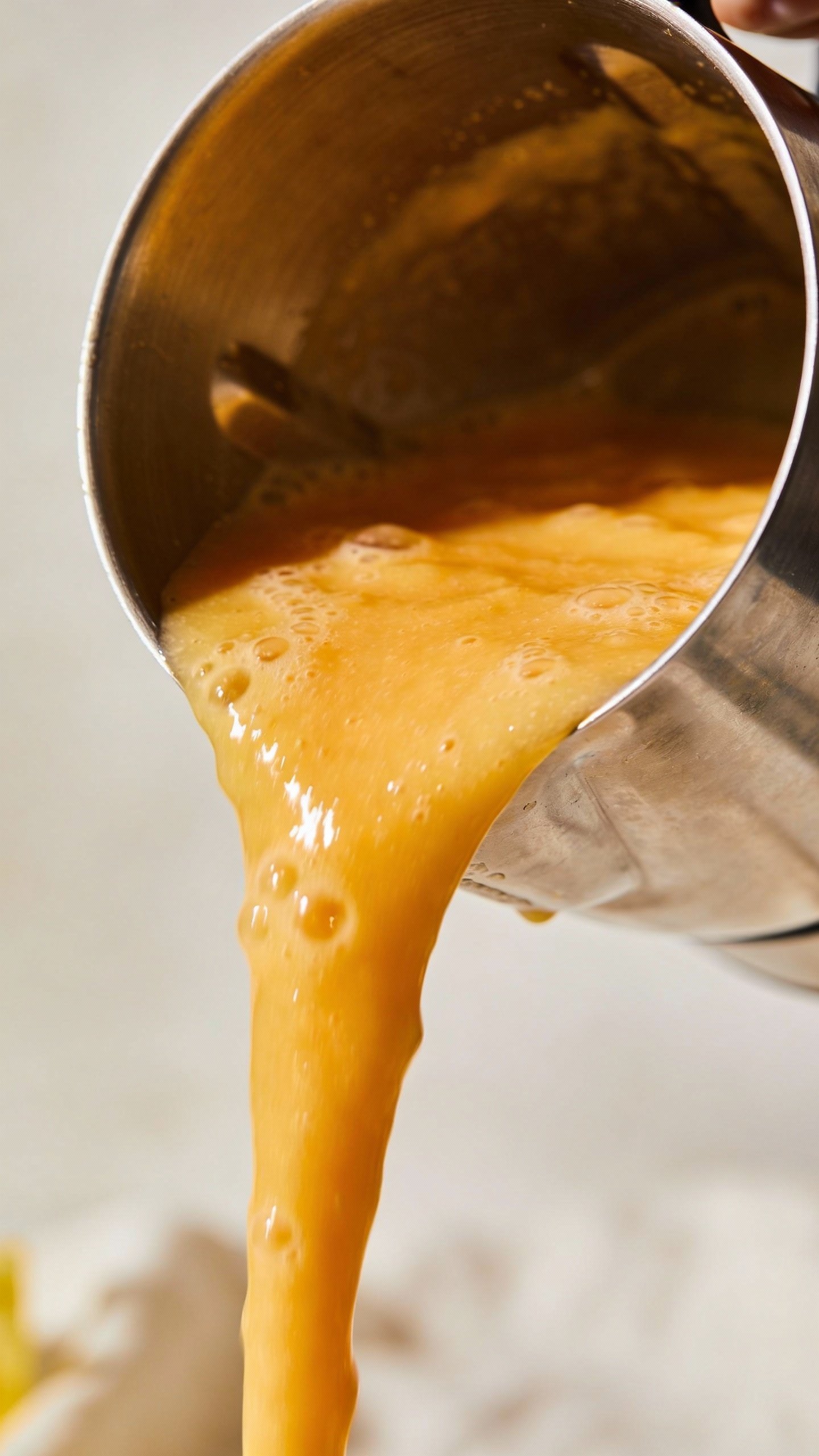 stainless blender jar pouring silky pineapple-mango smoothie stream