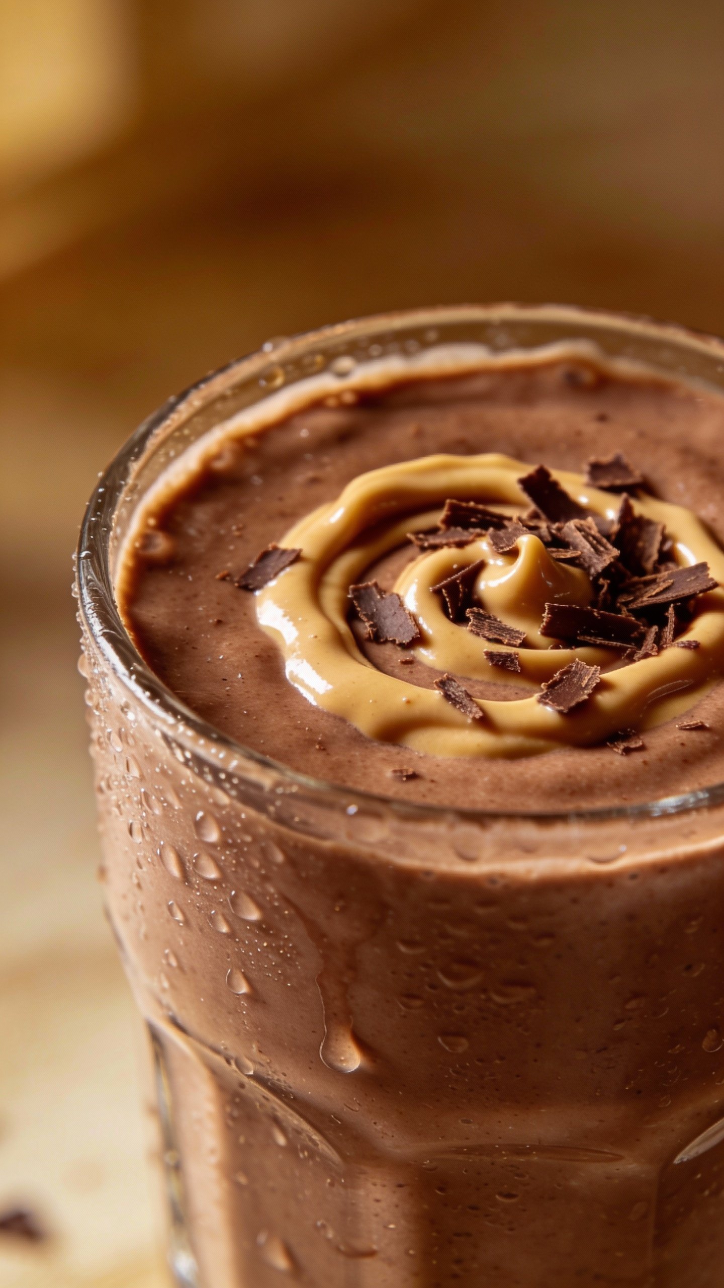 closeup chocolate peanut butter smoothie in clear glass, condensation