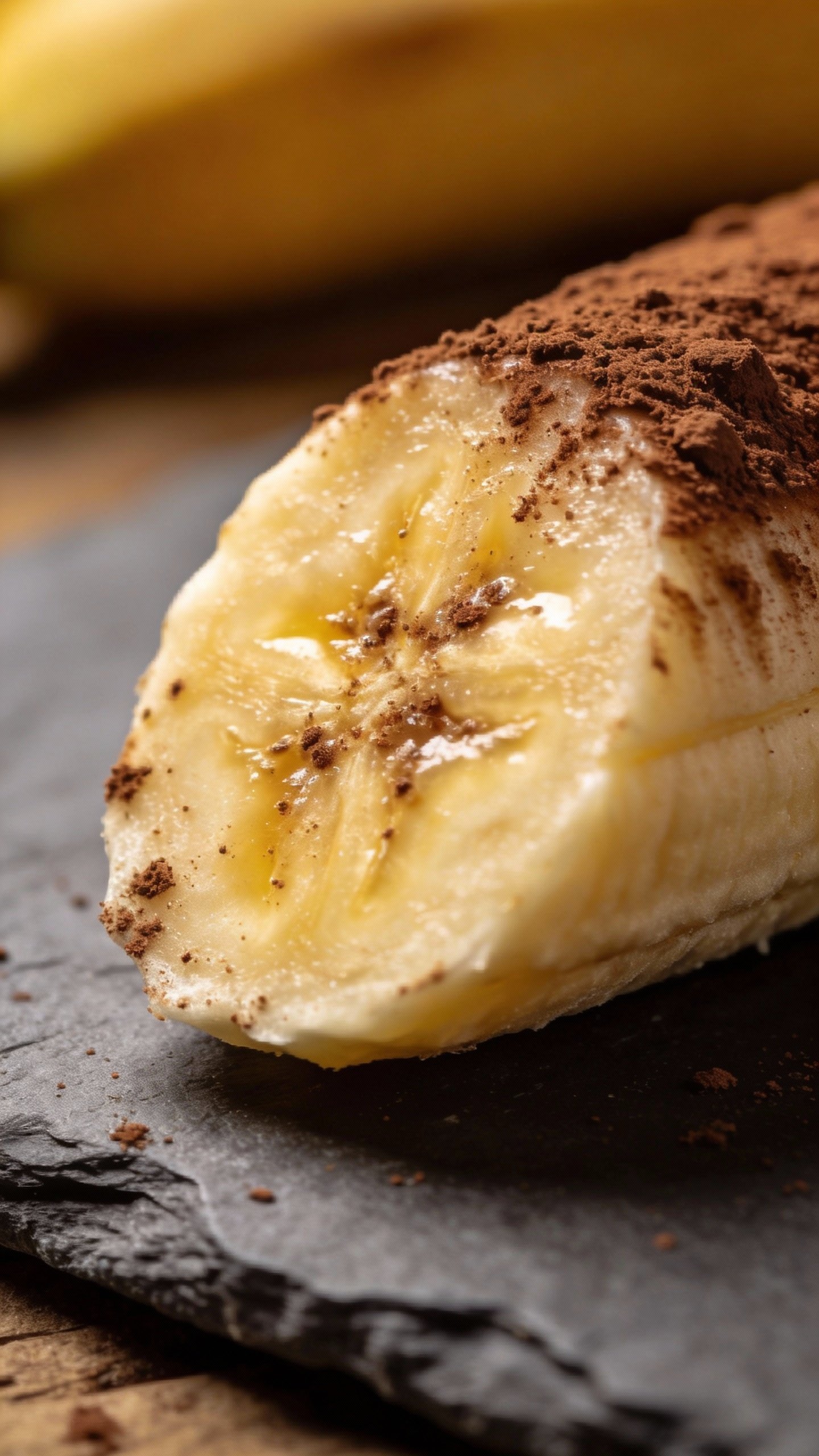 cocoa-dusted banana slice on slate surface, macro shot