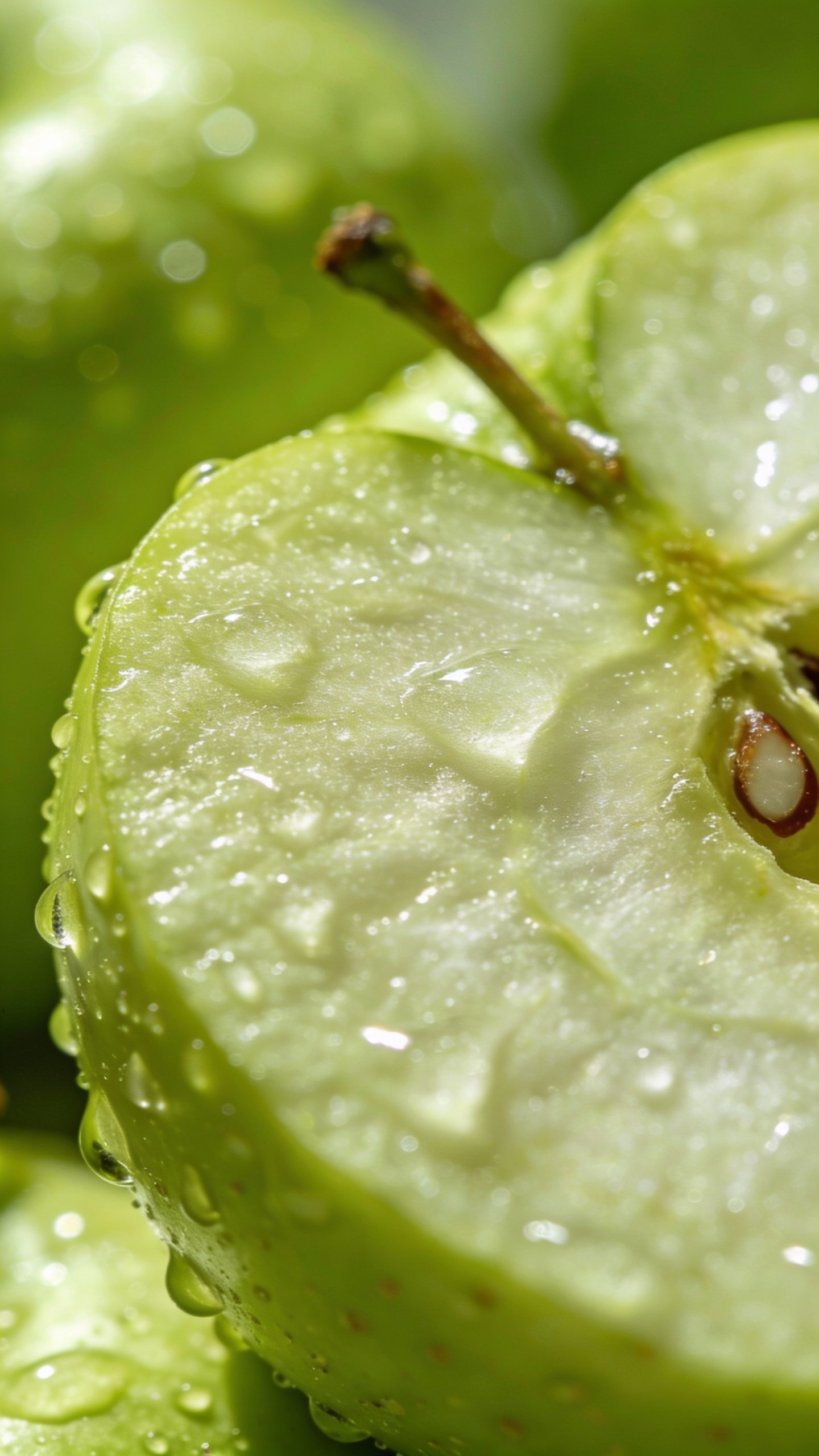 macro shot of sliced green apple with visible tart droplets