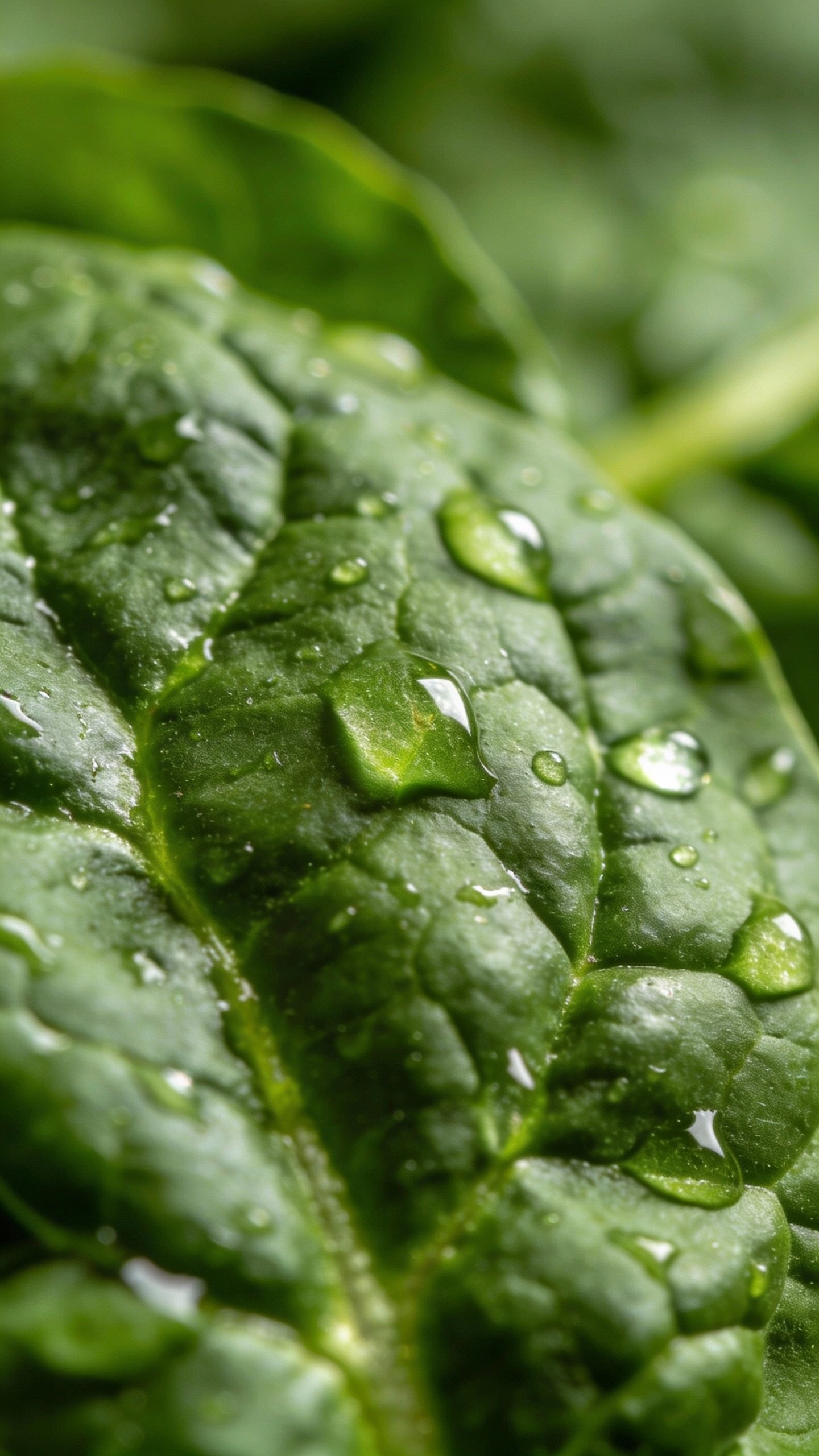 closeup of fresh spinach leaf with dewdrops, studio lighting