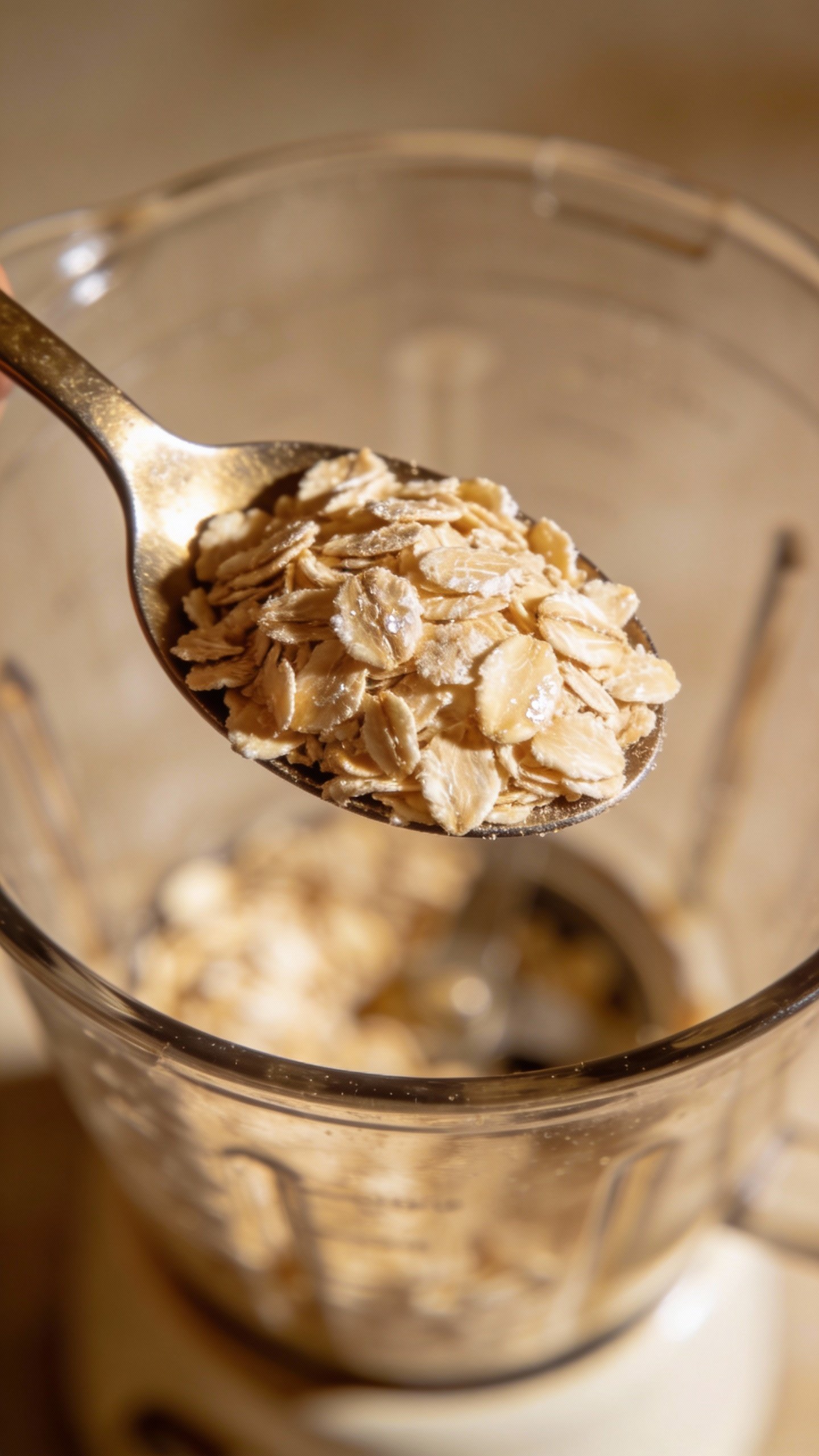 spoonful of rolled oats above blender, shallow depth of field