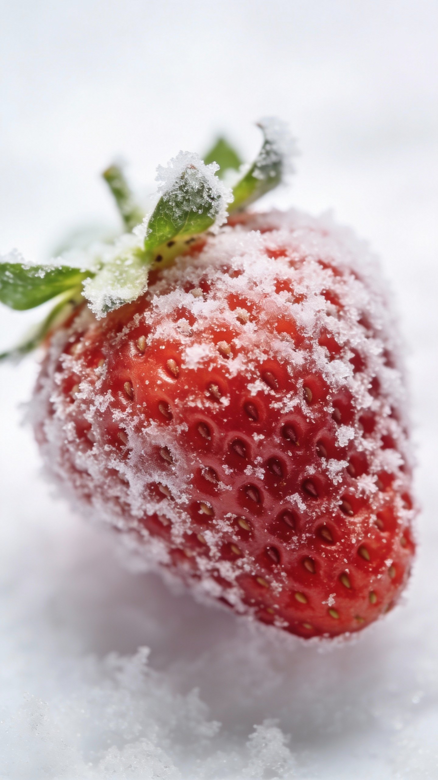single frozen strawberry with frost, macro shot on white background