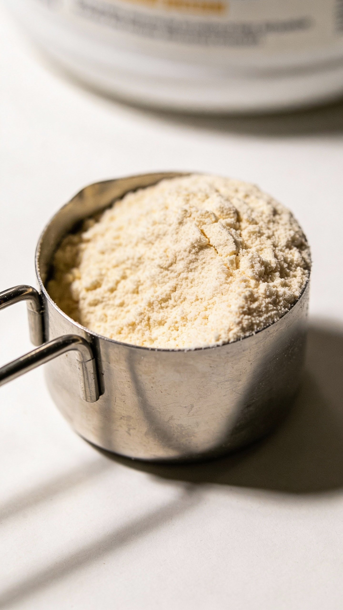 scoop of vanilla protein powder in stainless steel measuring scoop