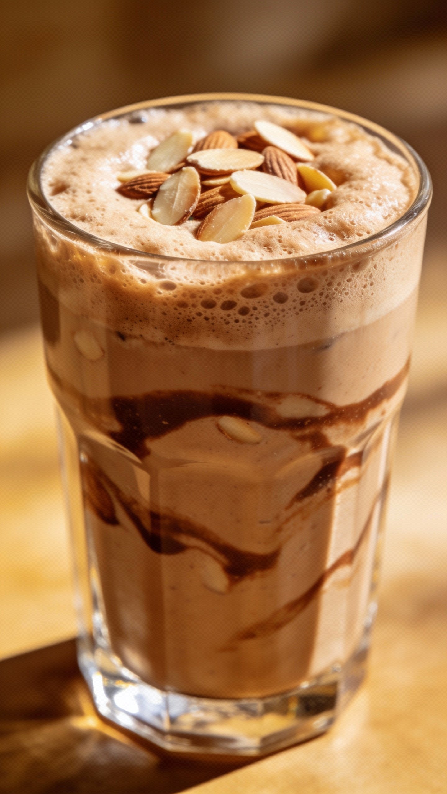 closeup mocha almond breakfast smoothie in clear glass, frothy top