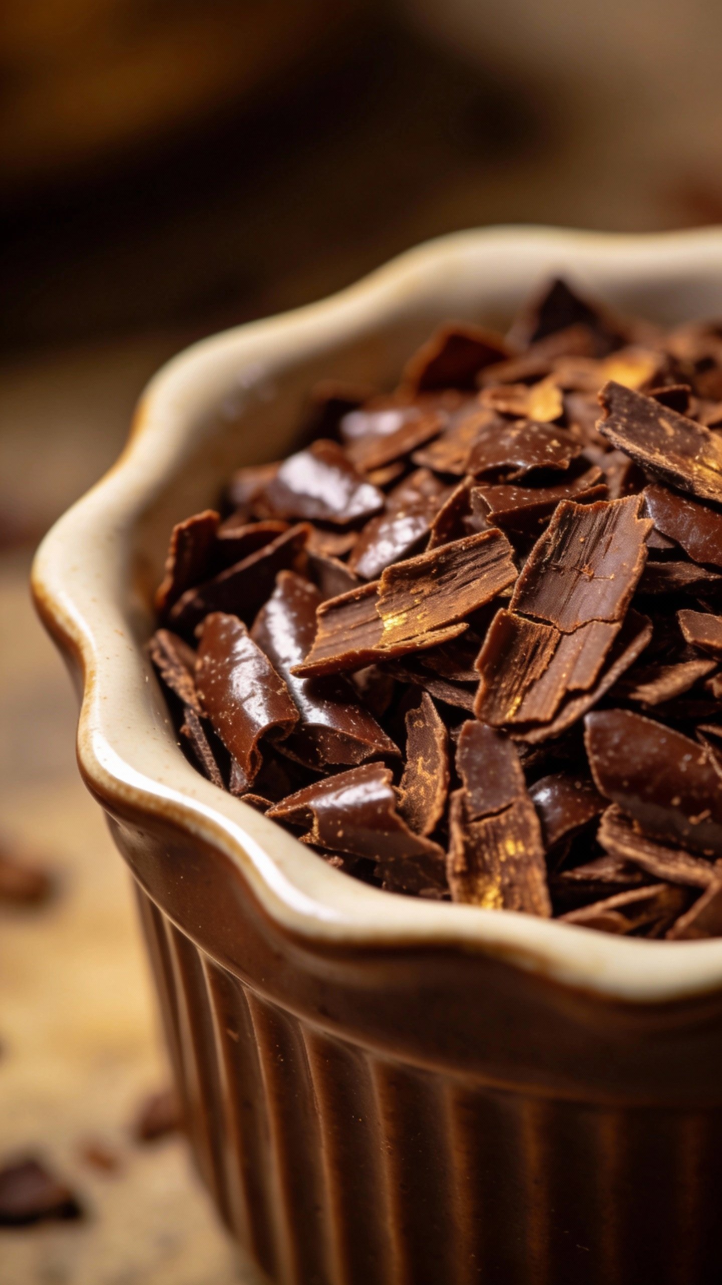 glossy cacao nibs in small ceramic ramekin, macro shot