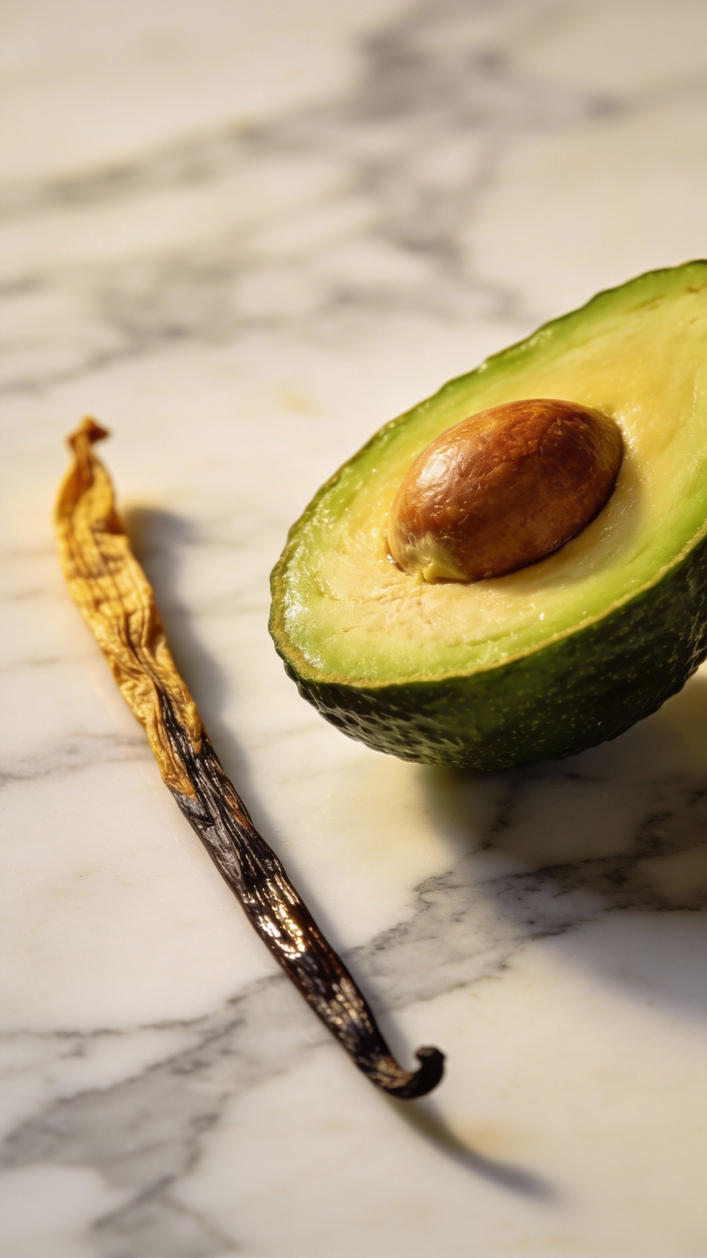 halved ripe avocado on marble beside vanilla bean, macro