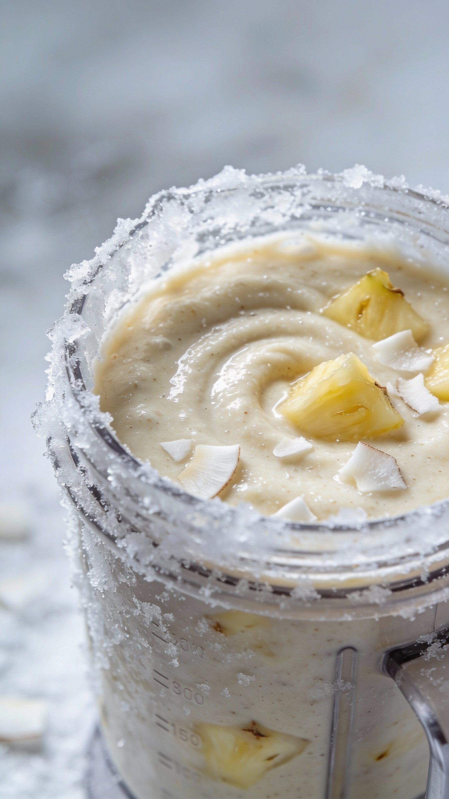 frosty blender jar of pineapple coconut protein smoothie
