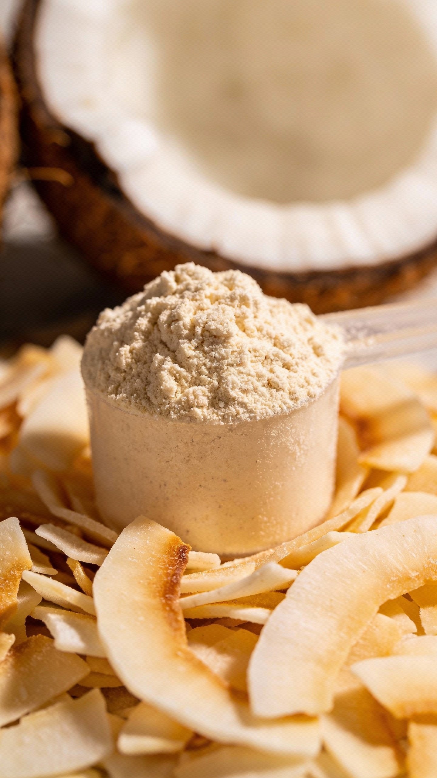 scoop of vanilla protein powder on coconut flakes